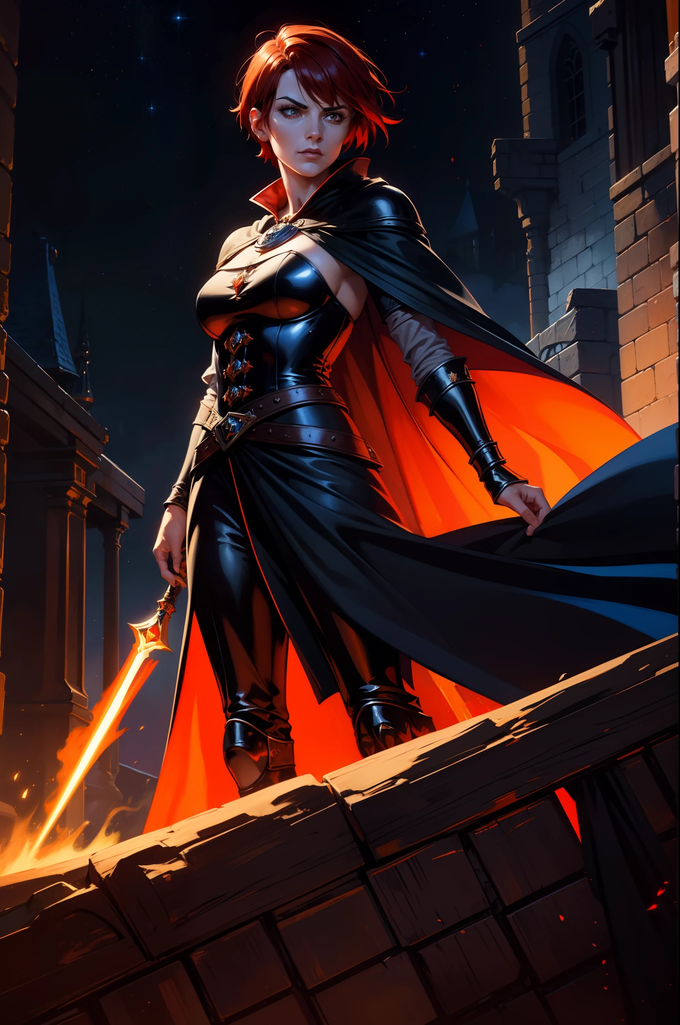 An adult female character, magician with short hair, red, orange, gothic armor in black and blue color, robe, flowing cape, 8k, oil painting, magnificent art with serious facial expression, medieval city, night with moonlight and stars, magic, very detailed oil painting, beautiful challenging position;