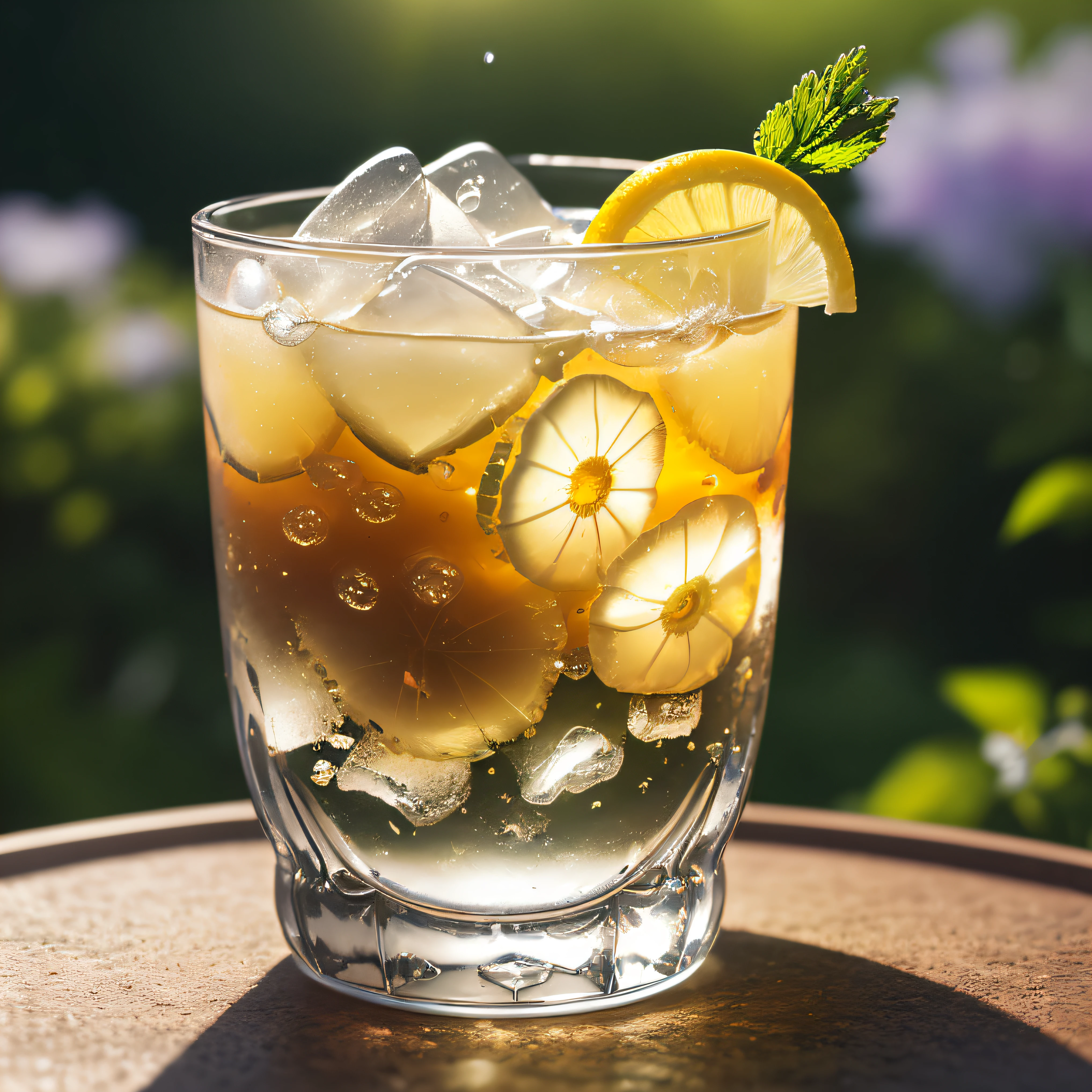 glass of kvass with ice, dripping water drops on glass, translucent liquid, ice cubes, wreath of wild flowers on picnic tablecloths, bright sun, midday outdoor lighting, open air, natural background, summer day, hot weather, high detail, very humid humidity, high brightness, wet watermarks, overdetail, super detail superdetailing, surrealism, soft light, studio lighting, diffuse soft light, shallow depth of field, sharp focus, bokeh effect, highly detailed glass reflection, ultra-thin (superfine, ultra-thin) (thin, fine, ultra-detailed), cinematic, surrealism, armature, best quality, ultra-high resolution (photorealistic: 1.4), high resolution, detail, raw photography, clear reproduction, stock camera, realistic texture, dramatic lighting, unreal engine, popular on artstation, macro