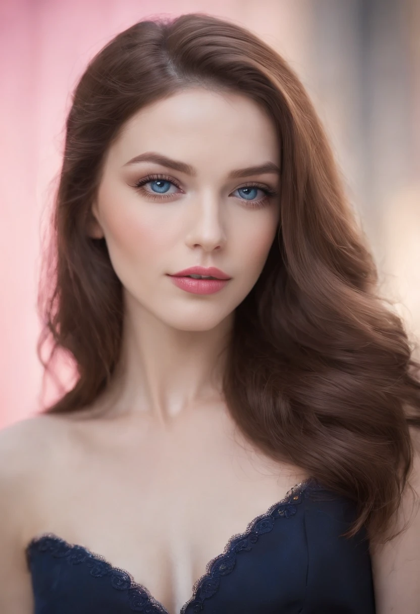 woman with slightly pale skin, electric blue eyes, pink lips, cabelos pretos e levemente ondulados, vestido com um decote azul claro profundo com brilhos brancos, Fundo do corredor de um castelo bem iluminado
