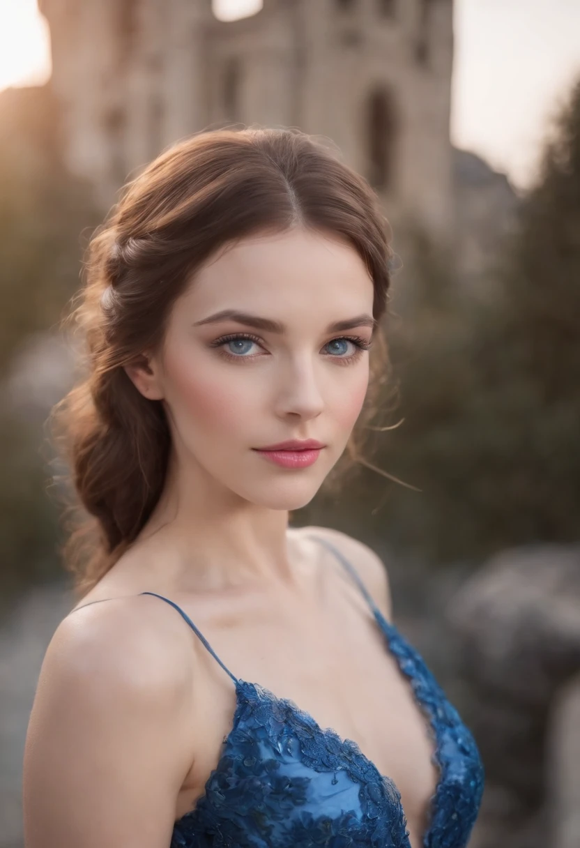 woman with slightly pale skin, electric blue eyes, pink lips, cabelos pretos e levemente ondulados, vestido com um decote azul claro profundo com brilhos brancos, Fundo do corredor de um castelo bem iluminado