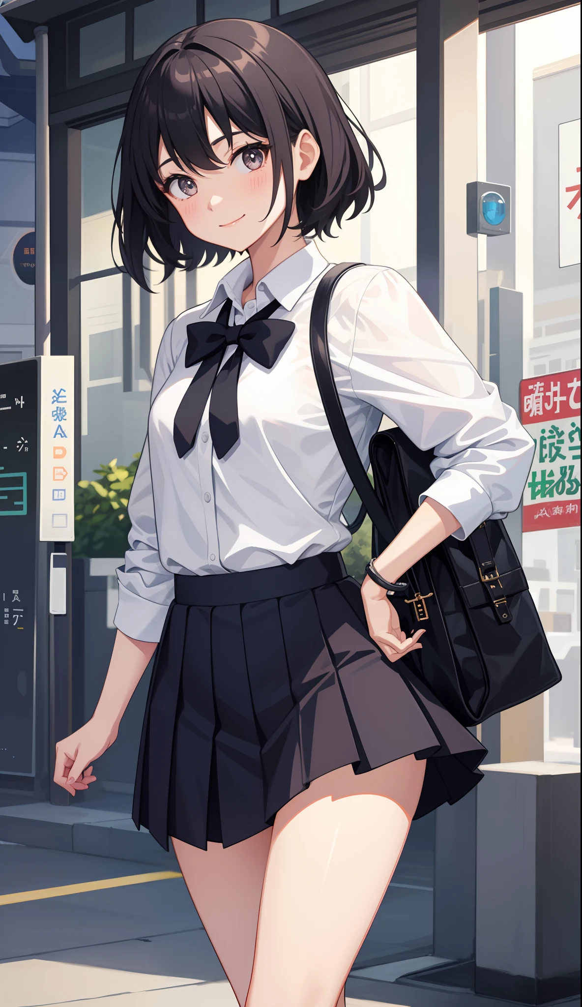 1girl in、AS-Adult、A smile、The shirt、skirt by the、(small tits)、Walking with a thigh、Upper body portrait、