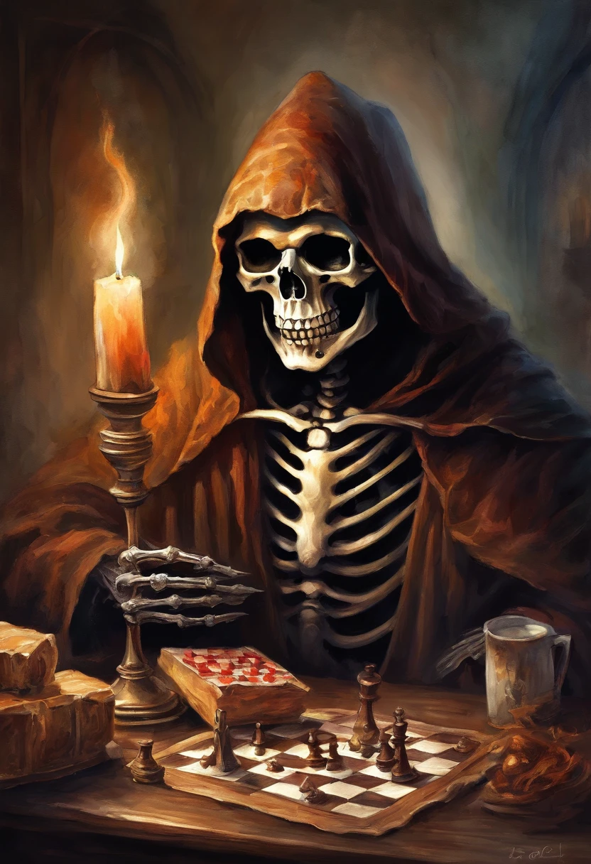 (Grim_Reaper in), (Skeleton_Monster), sits at a table, view the viewer, playing chess, Thinking, Confident demeanor, Masterpiece, Top quality, Best quality, High quality, Ultra-detailed, fire in the background, Vibrant colors, Solo, Extremely detailed