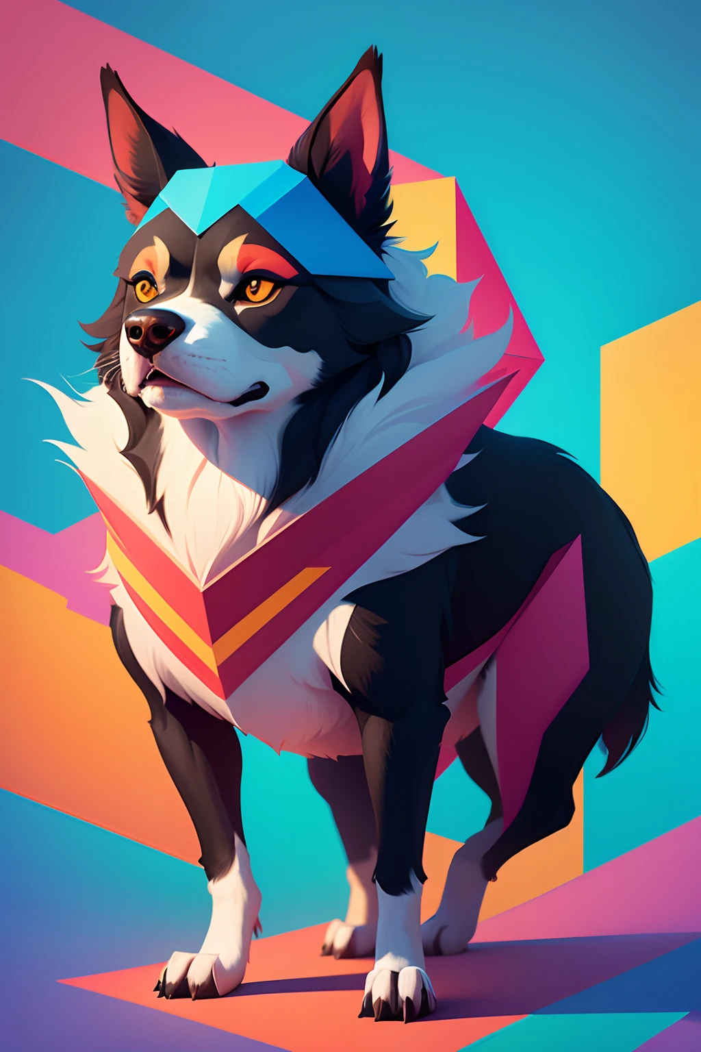 Create a stylized illustration of an animal, dog, Use bright colors and geometric shapes to give an artistic and modern touch to the image.