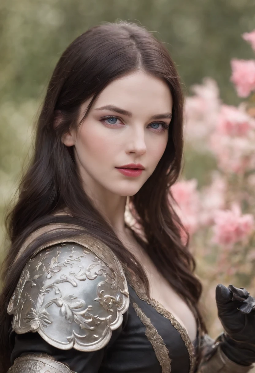 woman around 19 years old, woman with slightly pale skin, beautiful, light electric blue eyes, pink lips, long and slightly wavy black hair, loose black hair, dark hair, gray leather armor, stars coming out of the palm of the hand, field background flowery in flames