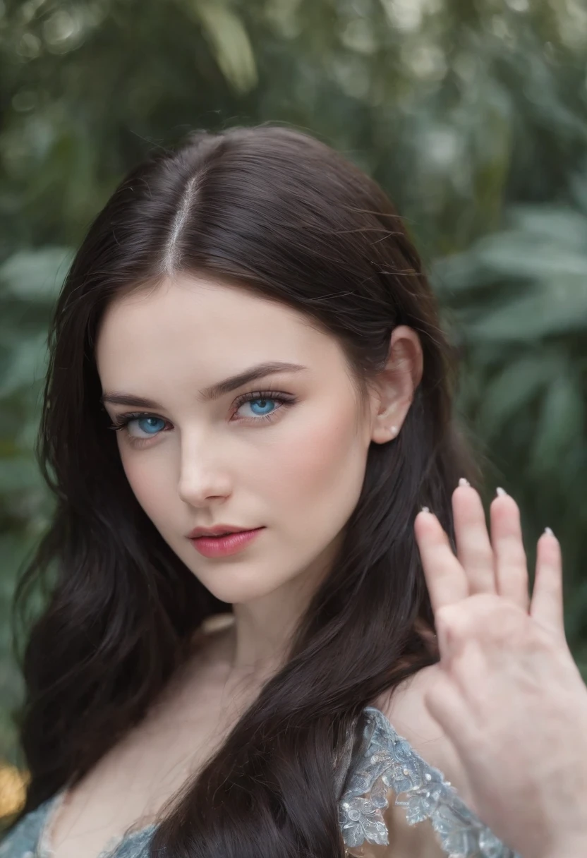 woman around 19 years old, woman with slightly pale skin, beautiful, light electric blue eyes, pink lips, long and slightly wavy black hair, loose black hair, dark hair, gray leather armor, stars coming out of the palm of the hand, field background flowery in flames