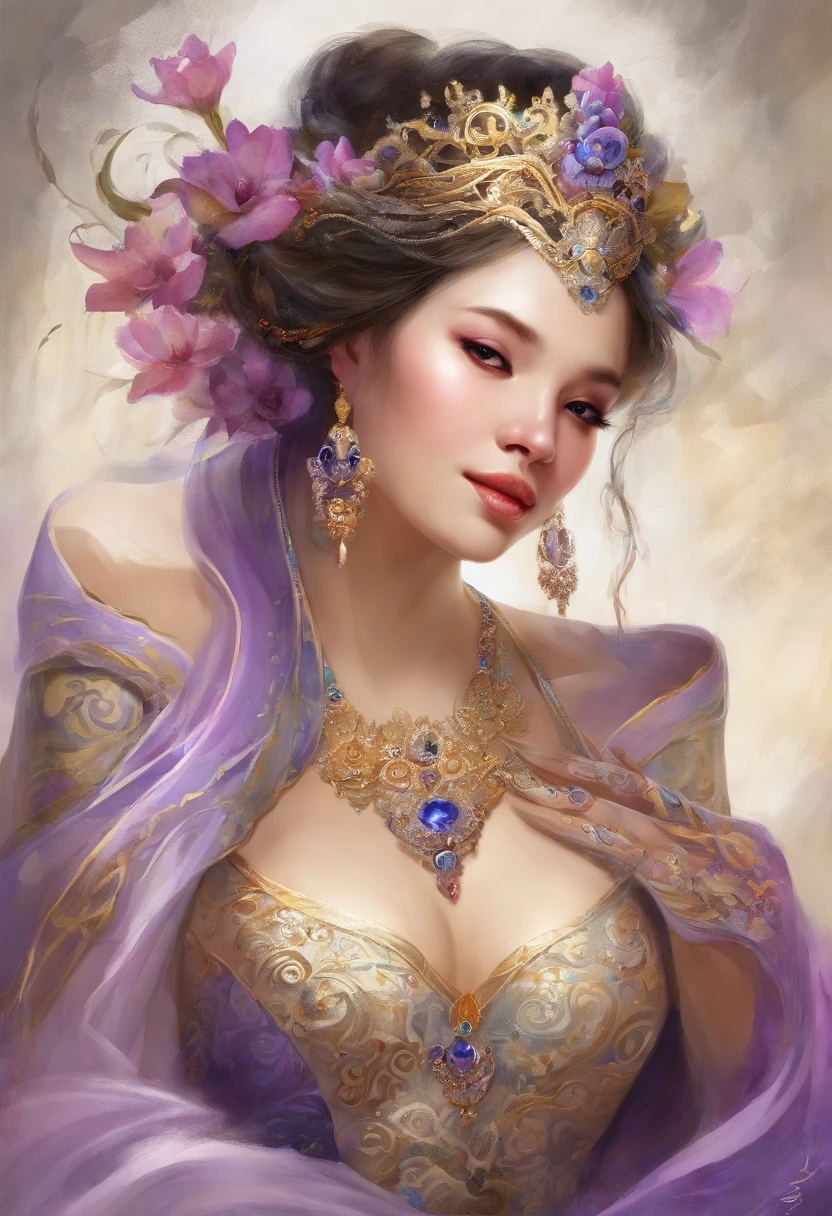 a close up of a woman in a sexy transparent white gold low-cut lace armor cleavage big breasts with a lotus flower in her hand, head jewelry, violet necklace, jade belt , toned abs, a beautiful fantasy empress, ((a beautiful fantasy empress)), beautiful celestial mage, beautiful character painting, full body xianxia, portrait knights of zodiac girl, by Yang J, g liulian art style, fantasy art style, foreshortening