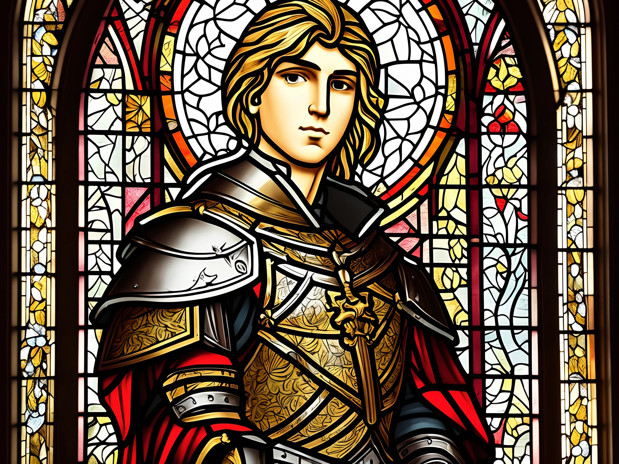a stained glass portraying a blond boy wearing knight armor --auto --s2