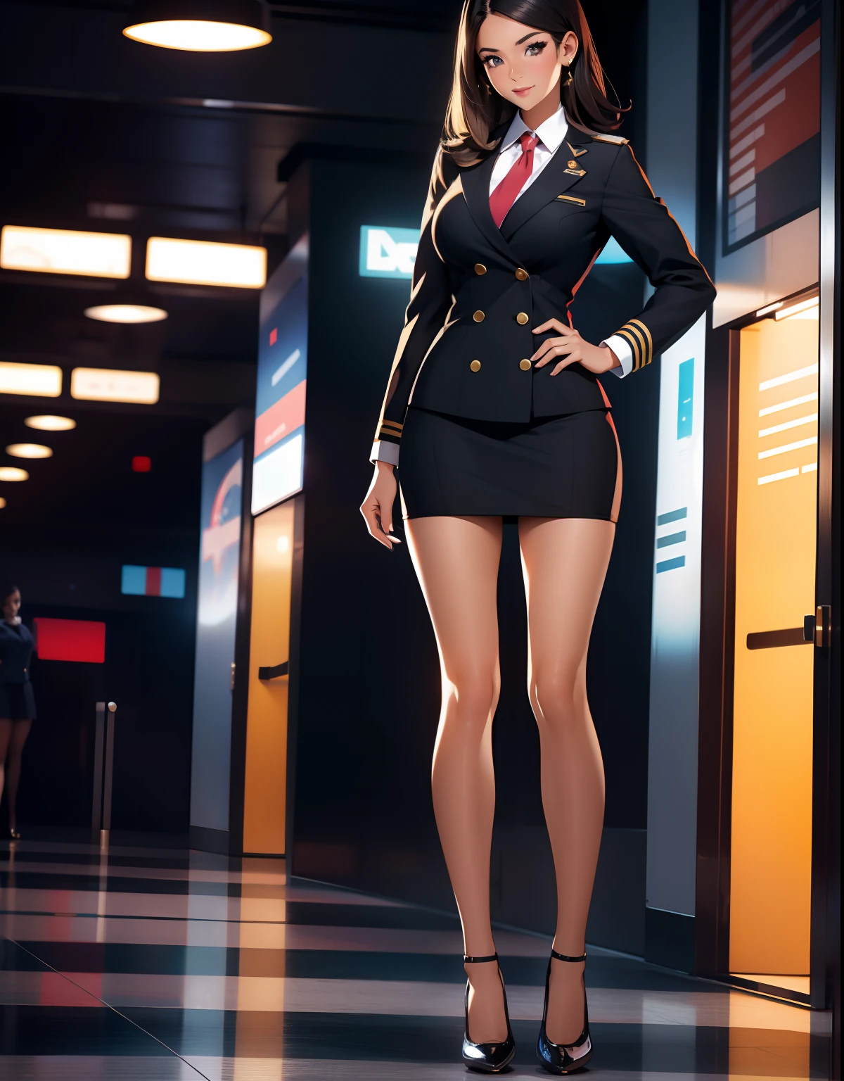 Stewardess,Wear flight attendant clothes,A beautiful full body girl,with fair skin,cabelos preto e longos,24 years of age,busty figure,short skirt,Super sexy scene,facial closeups