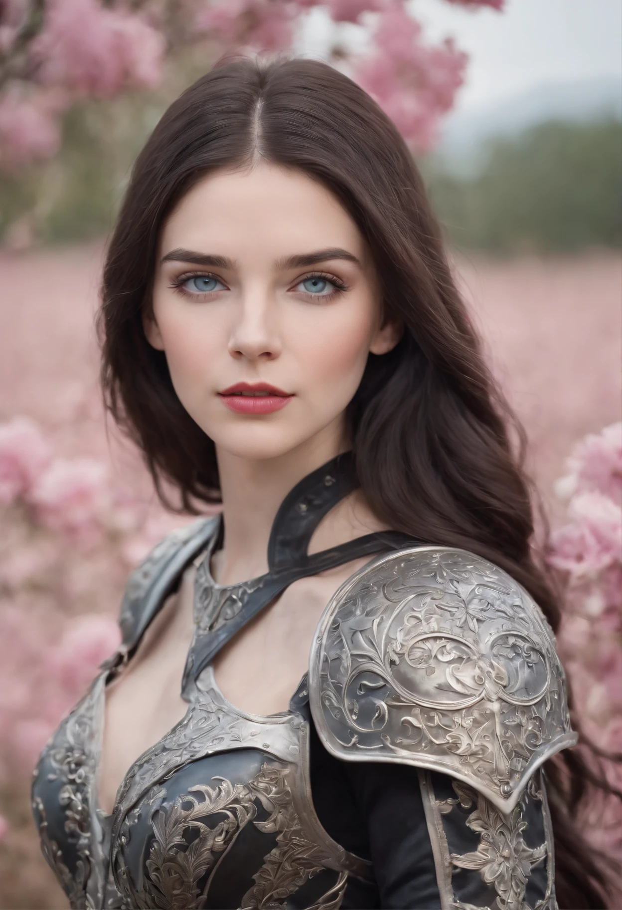 woman around 19 years old, woman with slightly pale skin, beautiful, light electric blue eyes, pink lips, long and slightly wavy black hair, loose black hair, gray leather armor, burning flower field background