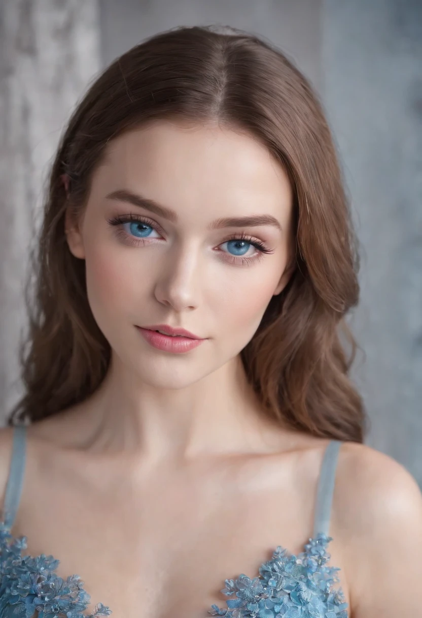 mulher em torno de 19 anos, woman with slightly pale skin, electric blue eyes, pink lips, cabelos pretos longos e levemente ondulados, cabelos pretos soltos, vestido com um decote azul claro profundo com brilhos brancos, corredor de fundo de um castelo bem iluminado