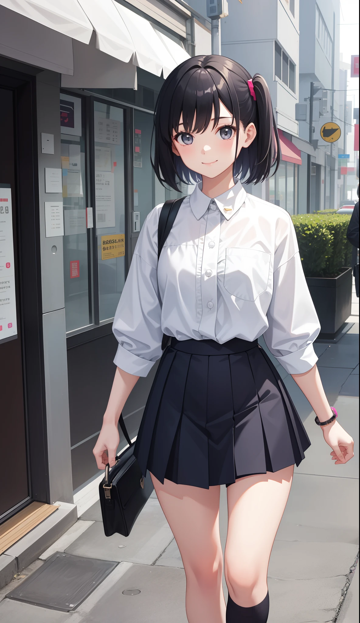 1girl in、AS-Adult、A smile、The shirt、skirt by the、（small tits）、Walking with a thigh、Upper body portrait、