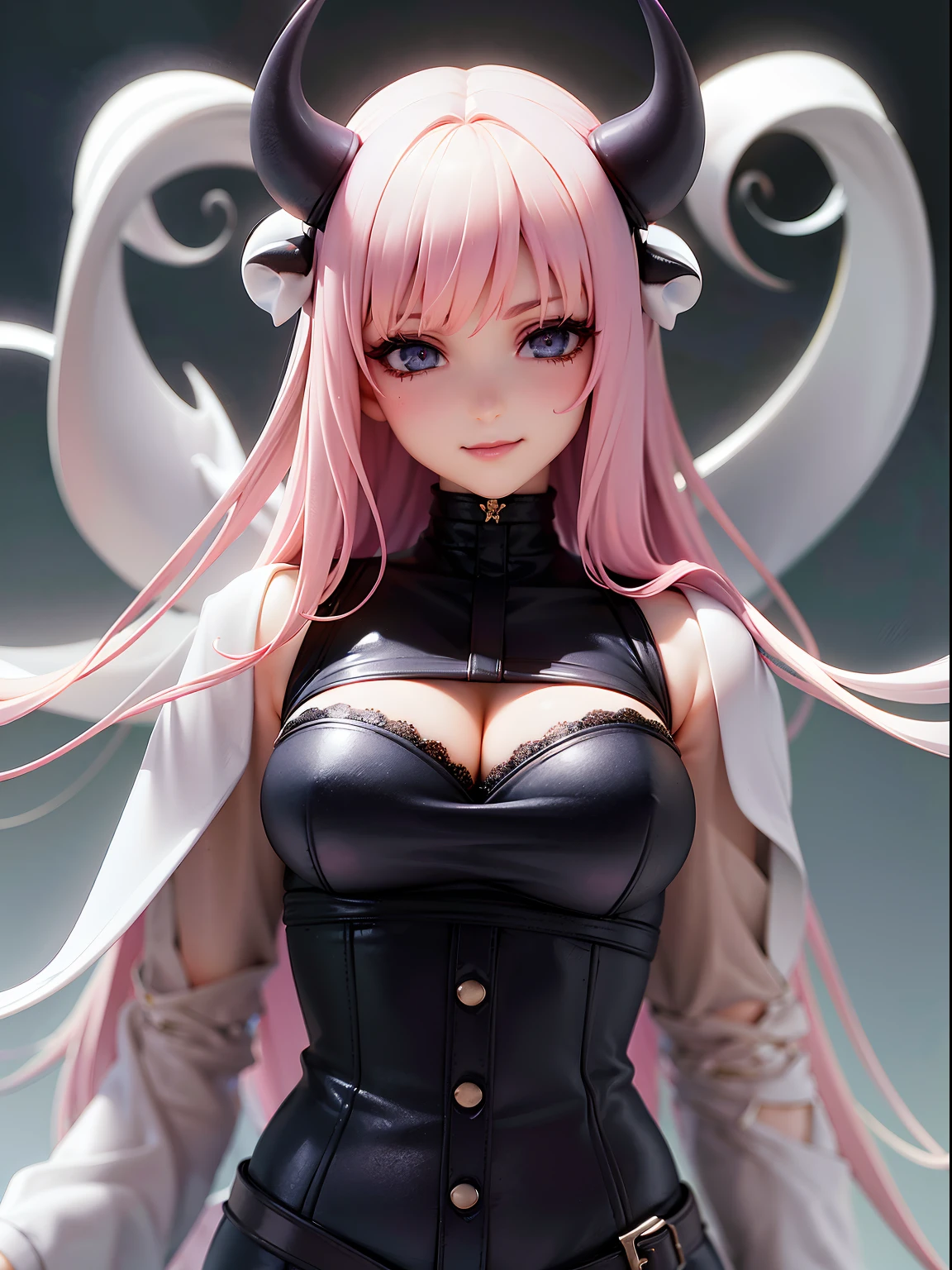 highres, ultra detailed, (ung beautiful girl, solo:1.1),gothic style, white clothing, white lace, corsets, velvet, chokers, dramatic makeup, brooding accessories, mysterious aura, devil horn, pink hair, large breasts, (seductive smile), devil wing