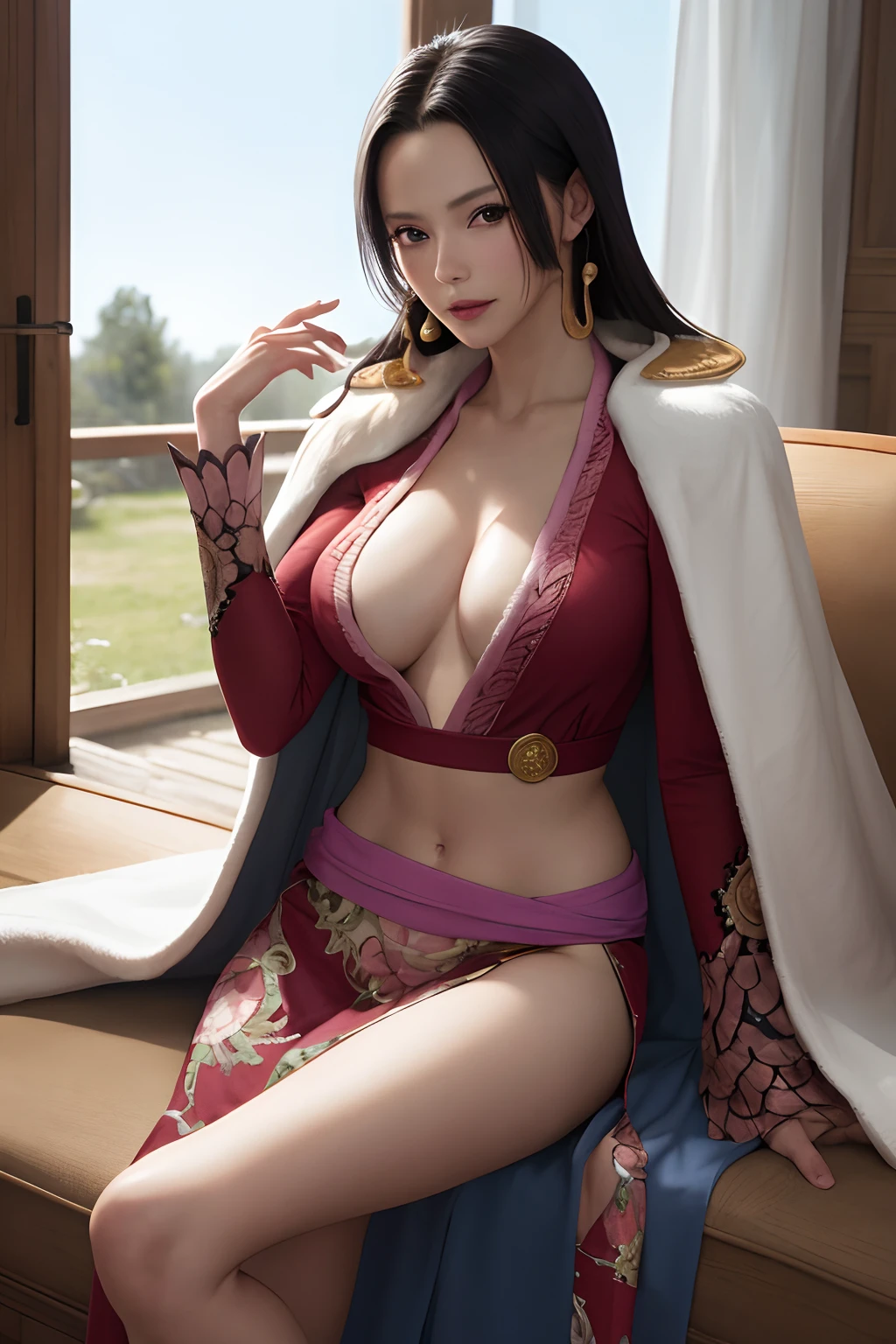 masterpiece, best quality, highres, hancock1, boa hancock, large breasts, epaulettes, cape, crop top, side slit, cowboy shot, sitting,