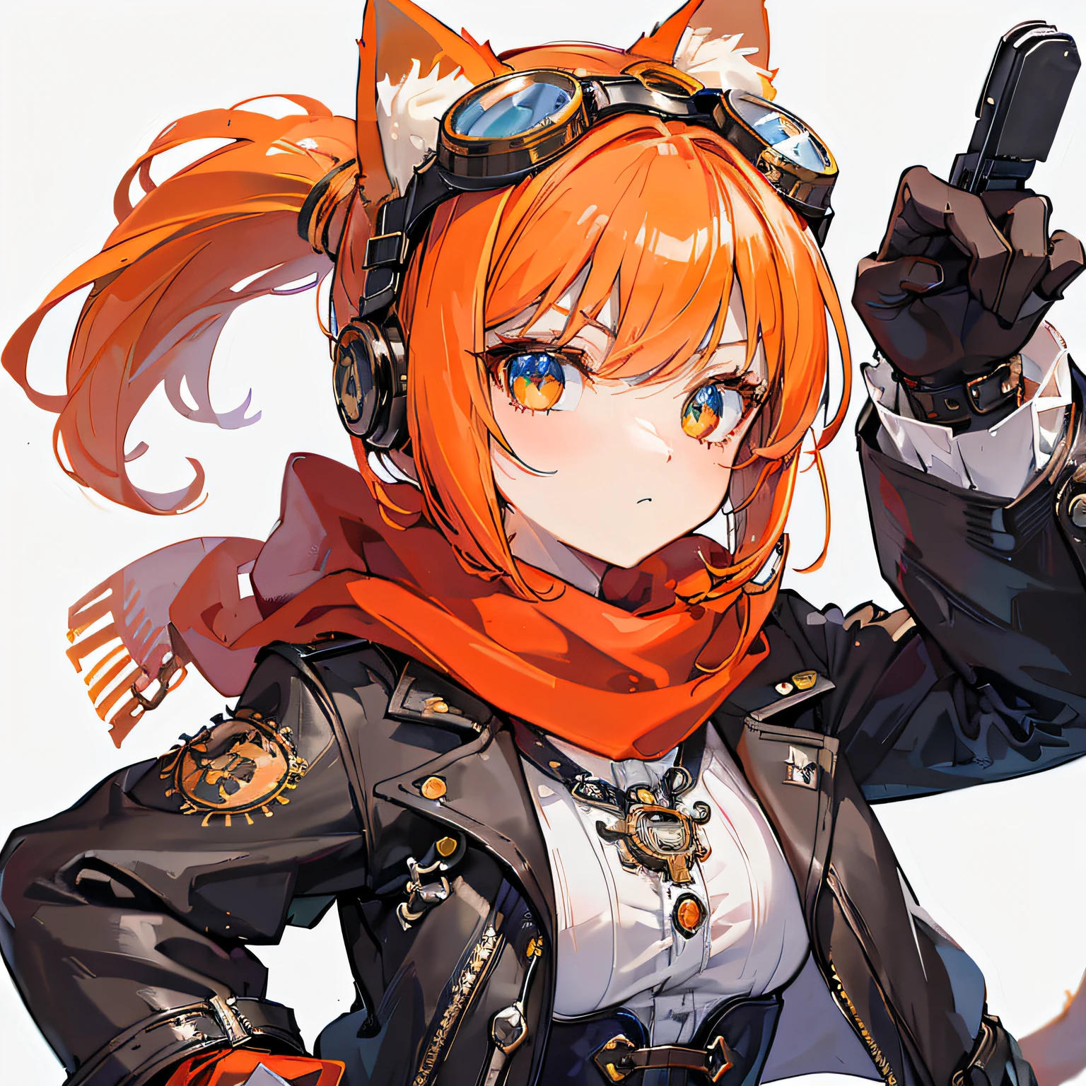 best quality,ultra detailed,1girl,game Character,GasHero,（(upper body, white background)), dynamic angle, dynamic pose, cute, cool, detailed face, beautiful detailed eyes, sparkling pupils eyes,shiny bob hair,orange hair,Cat ears, goggles on head,red scarf around neck,steam punk Style,Gothic fashion,white background,