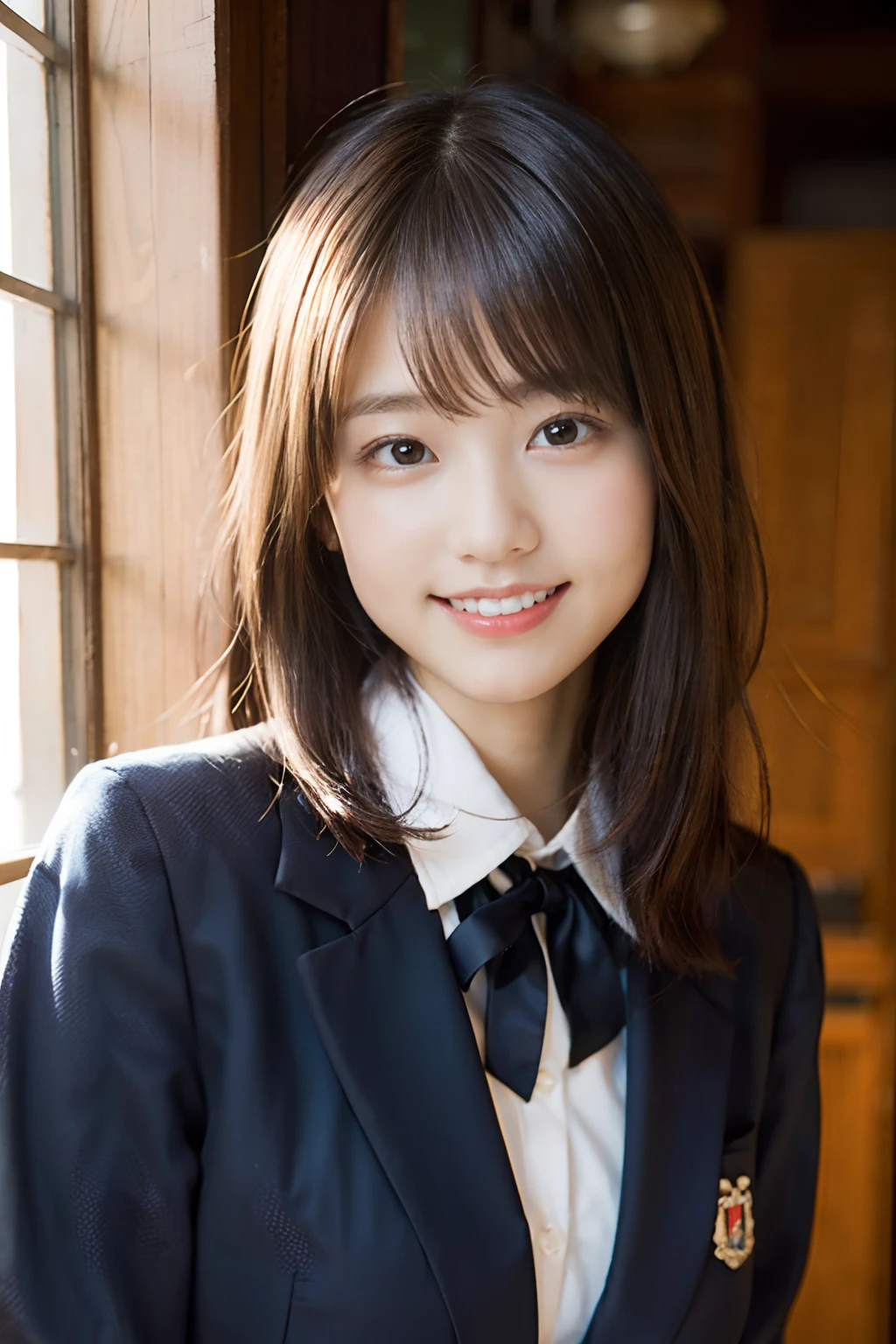 (8K、Raw photography、top-quality、masterpiece:1.2)、(realisitic、Photorealsitic:1.37)、ultra-detailliert、超A high resolution、1人、see the beholder、beautifull detailed face、A smile、Constriction、(Slim waist) :1.3)、Beautiful detailed skin、Skin Texture、A dark-haired、Professional Lighting、Whole human body、Longhaire、japanese hight school uniform、hi-school girl、Plaid uniform skirt、Bob Hair、University、Happy smile