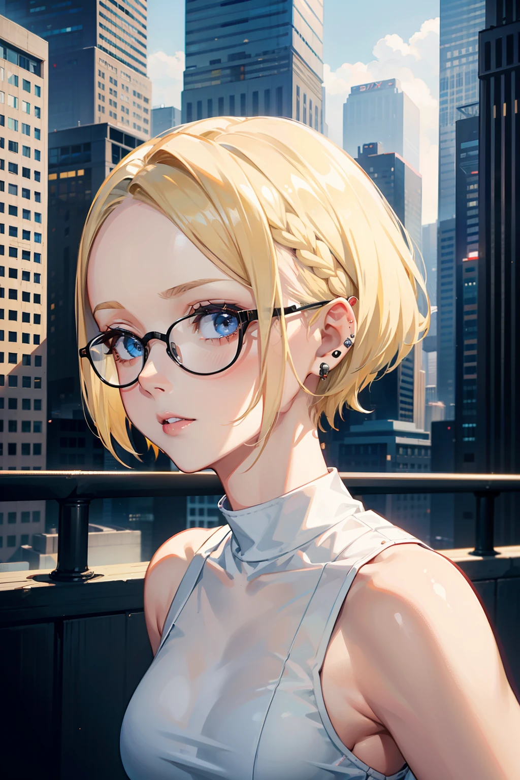 girl, Blonde hairstyles, Short short hair, Forehead、Bald,, White tank shirt, Wearing glasses, Blonde hairstyles, Riley Nixon's haircut, Lipstick Black, Facial piercing, In skyscrapers, Looking at the viewer, City of Storms, 4K