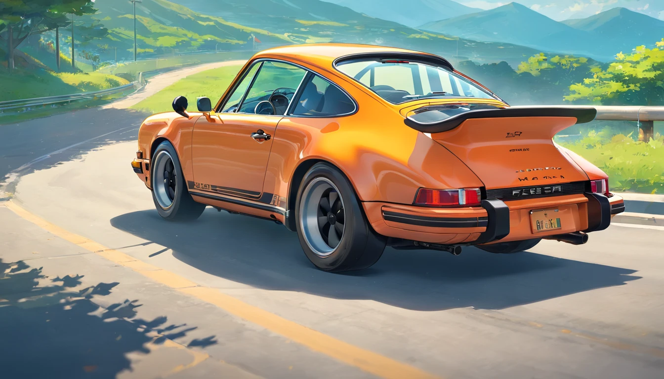 hay un Porsche 911 Carrera RS 2.7 color naranja, de frente, Driving on the road near the mountains, Porshe, Fondo de escritorio de alta calidad, Rob Rey y Kentaro Miura Style, amazing wallpaper, Porsche 911 conduciendo, por Liam Wong, coche deportivo, Anime Hermosa escena de paz, Arte de Kentaro Miura, por Yoshihiko Wada, Arte de anime de los 70