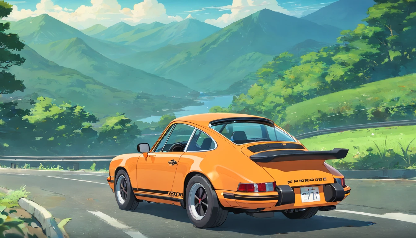 hay un Porsche 911 Carrera RS 2.7 color naranja, de frente, Driving on the road near the mountains, Porshe, Fondo de escritorio de alta calidad, Rob Rey y Kentaro Miura Style, amazing wallpaper, Porsche 911 conduciendo, por Liam Wong, coche deportivo, Anime Hermosa escena de paz, Arte de Kentaro Miura, por Yoshihiko Wada, Arte de anime de los 70