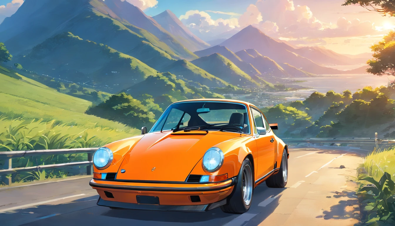 hay un Porsche 911 Carrera RS 2.7 color naranja, de frente, Driving on the road near the mountains, Porshe, Fondo de escritorio de alta calidad, Rob Rey y Kentaro Miura Style, amazing wallpaper, Porsche 911 conduciendo, por Liam Wong, coche deportivo, Anime Hermosa escena de paz, Arte de Kentaro Miura, por Yoshihiko Wada, Arte de anime de los 70