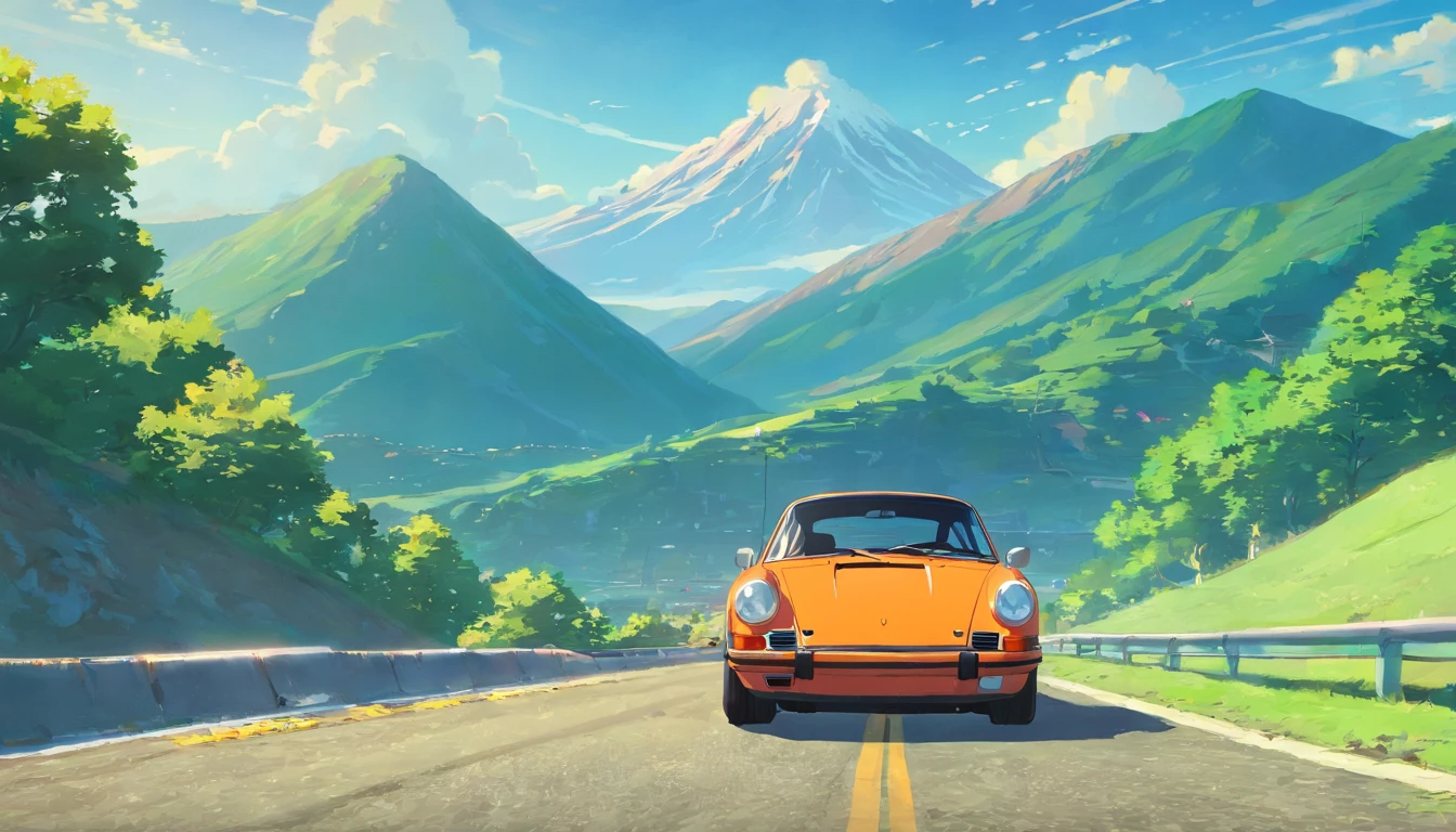 hay un Porsche 911 Carrera RS 2.7 color naranja, de frente, Driving on the road near the mountains, Porshe, Fondo de escritorio de alta calidad, Rob Rey y Kentaro Miura Style, amazing wallpaper, Porsche 911 conduciendo, por Liam Wong, coche deportivo, Anime Hermosa escena de paz, Arte de Kentaro Miura, por Yoshihiko Wada, Arte de anime de los 70