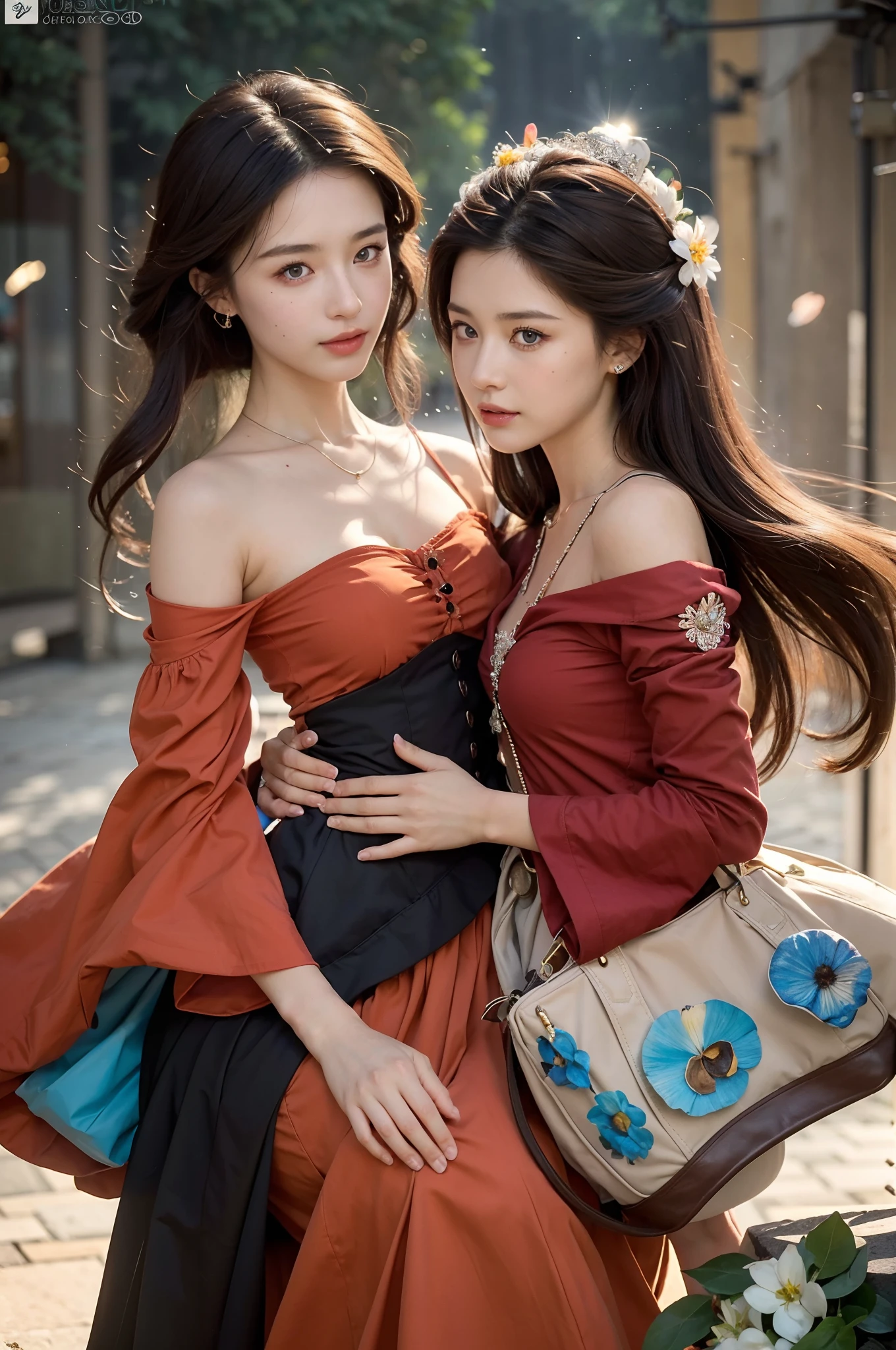 primitive,, (((Two girls,duo,caressing the))),Nikon Z 85mm, award-winning glamorous photography,((Best quality)), ((Masterpiece)), ((Realistic)), 18th century, Vintage image, Beautiful French woman wears, Lace dress, Wearing a crown, 25 years, (Long brown hair), Brown eyes, (Large breasts), Sitting outside a café in Paris, Eiffel tower in the background, small, ((Small breasts)), Innocent, Flower pedal in the air,  ((freckle)), Intricate details, Highly detailed, Sharp focus, professional, 4K, spring flowers blooming, divine rays, Hand model, stunning blue eyes, small, Delicate, Innocent, high resolution, Detailed facial features, High detail, Sharp focus, smooth, Aesthetic, Extremely detailed, photore_\(Supergianthugebreasts\), Photorealistic, Realistic, Post-processing, Maximum detail, Roughness, Real life, Ultra photo realsisim, Photorealism, Photography, 8K  UHD, Photography, light SEMI-SILHOUETTE, russian face