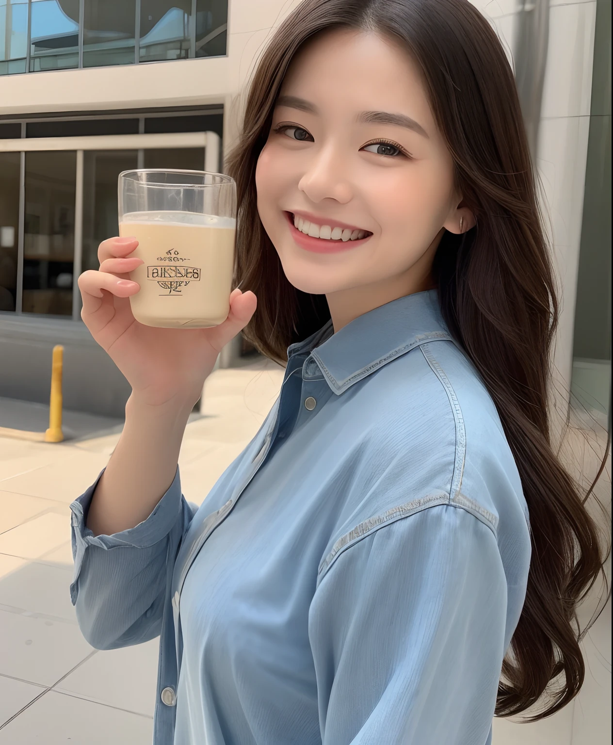 ((top-quality、in 8K、masterpiece:1.3))、1girl in、Beautiful woman with plump abs emphasized:1.3、(The long-haired、Colossal tits:1.2)、In the city、Super delicate face、wholesome、二重まぶた、A smile that showed teeth、Wearing a collared shirt、Looking at the camera、Big smile、Look here、Look at me with your eyes wide open、Cozy feeling、Take a walk around the city、