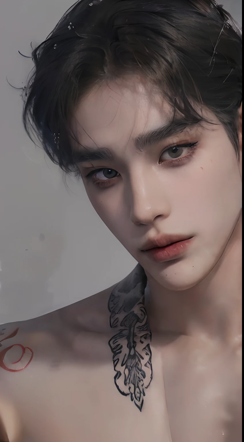 ((eyes focus on viewers)),((badboy)),((ulzzang)),((handsome)),((1man)),((sensuality eyes)),((male)),((gray buns hairstyle)),((center)),((8k resolution)),((model)),((pose)),((sony A7 Mark 3)),((lens 70mm)),((yellow studio background)),((juicy thin lips)),((models)),((necklace)),((croptop tank)),((kulot long pants)),((cool face)),((perfectly rendered)),((perfect eyes)),((perfect lips)),((perfect fingers)),((Masterpiece)),((best picture quality)),((high quality)),(stylish bangs),((focus)),((arrogant face)),((professional lighting)),((savage expression)),((tanned skin)), ((ultra realistic)),((perfect v shape head)),((center angle)),((tattoo in neck)),((detailed eyes)),((smokey eyes))