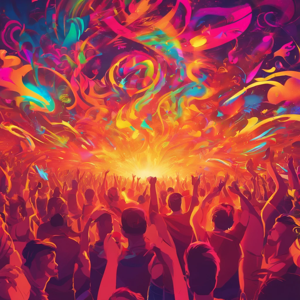 (best quality,4k,highres,masterpiece:1.2),ultra-detailed,realistic,electronic music show,crowd of people dancing enthusiastically, vibrant atmosphere,colorful lights,energetic movement, pulsating beats, mesmerizing visuals, dynamic choreography, immersive experience, ecstatic crowd, music lovers, DJ on stage, hands in the air, bass drops, laser show, smoke machines, party vibes, euphoria, nightclub scene, thumping music, groovy rhythms, light show, techno beats, euphoric melodies, energetic dancers, ecstatic expressions, dance floor, lively atmosphere, electrifying energy, vivid colors, pulsing sound, intense experience, infectious energy, electronic dance music, rhythmic movements, energetic party-goers, blissful moments.