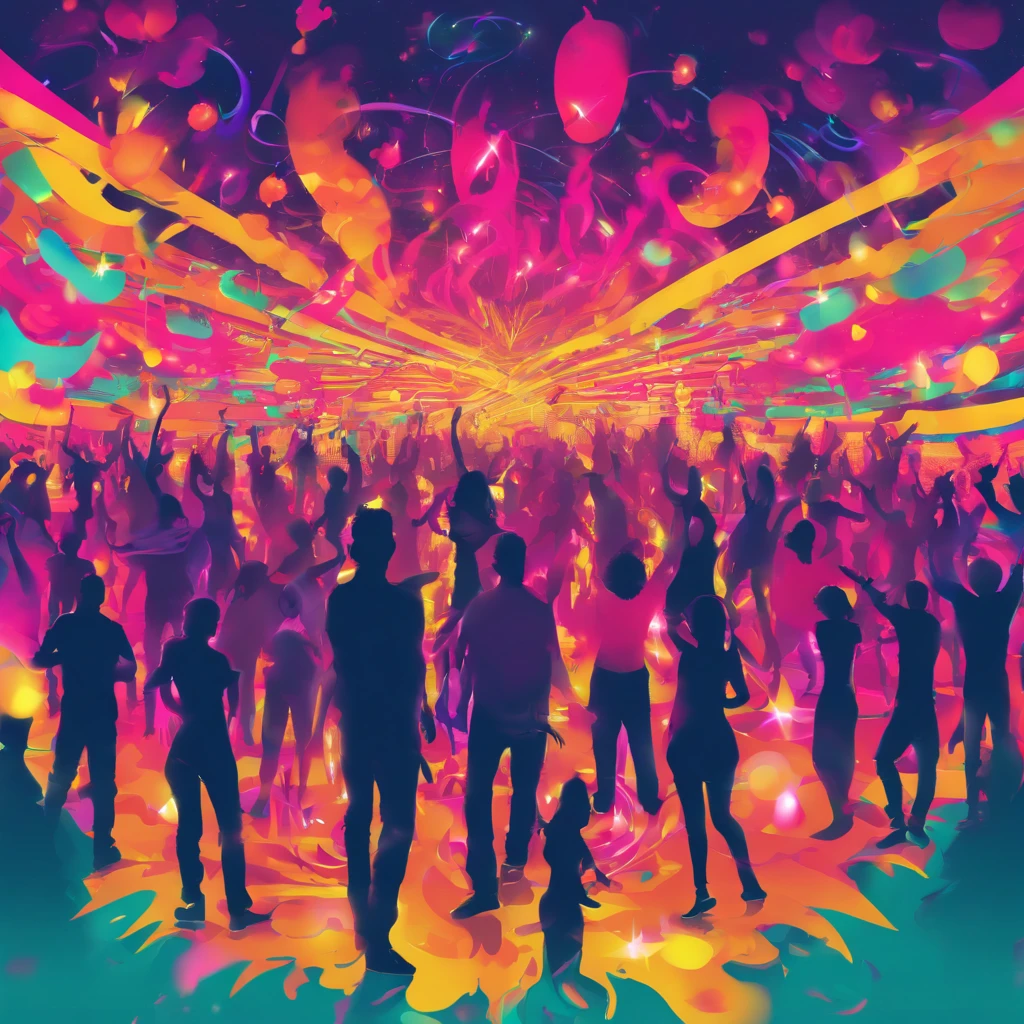 (best quality,4k,highres,masterpiece:1.2),ultra-detailed,realistic,electronic music show,crowd of people dancing enthusiastically, vibrant atmosphere,colorful lights,energetic movement, pulsating beats, mesmerizing visuals, dynamic choreography, immersive experience, ecstatic crowd, music lovers, DJ on stage, hands in the air, bass drops, laser show, smoke machines, party vibes, euphoria, nightclub scene, thumping music, groovy rhythms, light show, techno beats, euphoric melodies, energetic dancers, ecstatic expressions, dance floor, lively atmosphere, electrifying energy, vivid colors, pulsing sound, intense experience, infectious energy, electronic dance music, rhythmic movements, energetic party-goers, blissful moments.