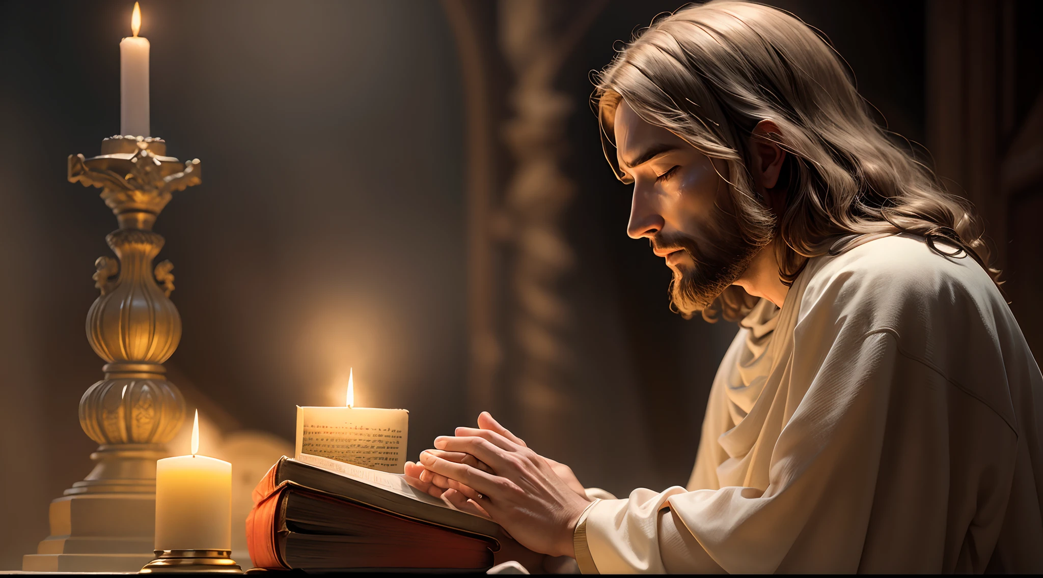 Closeup of Jesus Christ in Prayer, velas, orando, Biblical setting, Biblical paradise, jesus, ultra hd, realista, realistic, jesus cristo olhando para as escrituras sagradas, Paradisiacal scenery, Jesus praying over an ancient holy biblical book