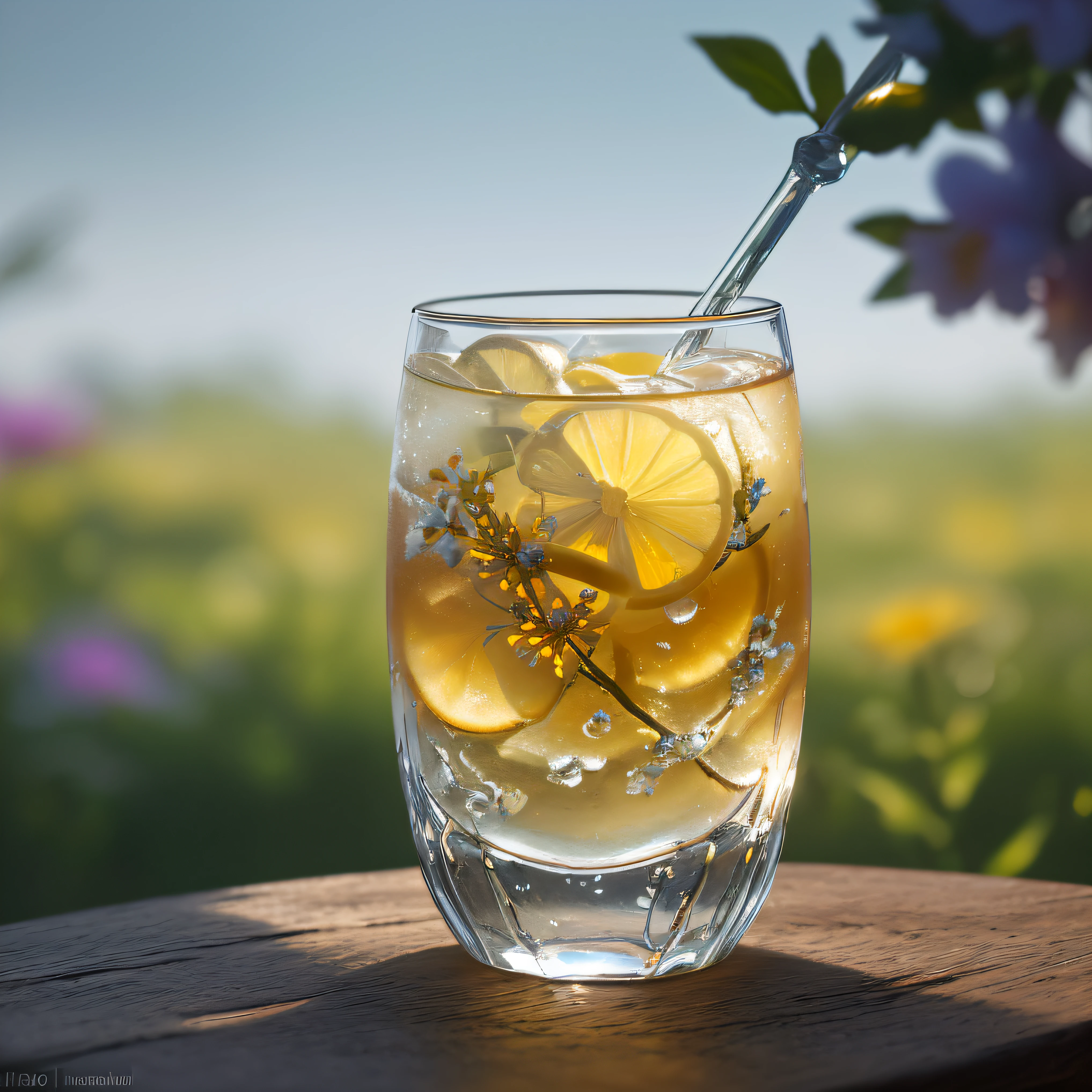 glass of kvass with ice, dripping water drops on glass, translucent liquid, ice cubes, wreath of wild flowers on picnic tablecloths, bright sun, midday outdoor lighting, open air, natural background, summer day, hot weather, high detail, very humid humidity, high brightness, wet watermarks, overdetail, super detail superdetailing, surrealism, soft light, studio lighting, diffuse soft light, shallow depth of field, sharp focus, bokeh effect, highly detailed glass reflection, ultra-thin (superfine, ultra-thin) (thin, fine, ultra-detailed), cinematic, surrealism, armature, best quality, ultra-high resolution (photorealistic: 1.4), high resolution, detail, raw photography, clear reproduction, stock camera, realistic texture, dramatic lighting, unreal engine, popular on artstation, macro