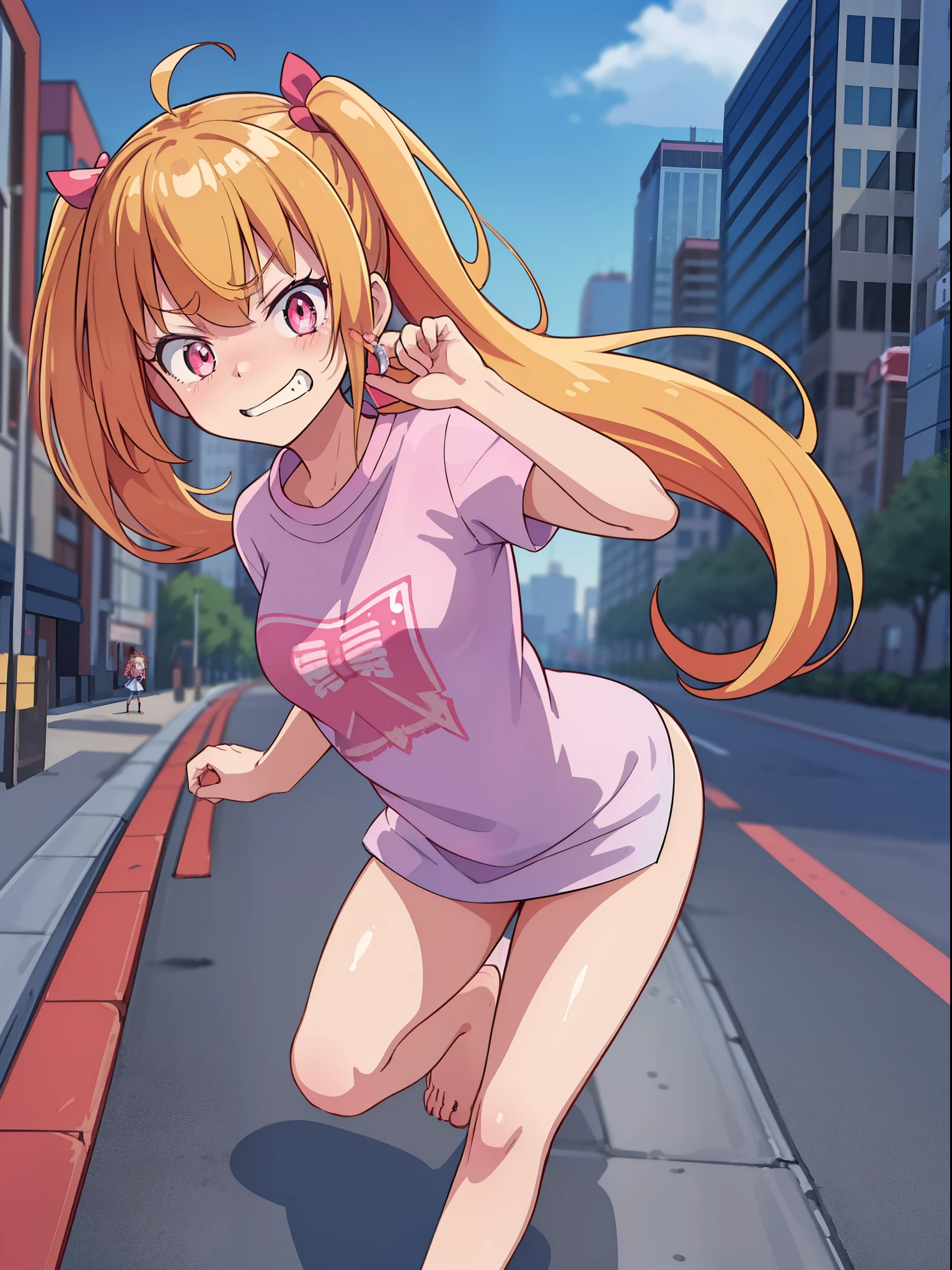 hoshino ruby, blonde hair, long hair, one side up, red eyes, mismatched pupils, star-shaped pupils, nsfw, large breasts,　nipple, naked, nude, sea, Highway, flooded, running, Building FIRE, Heavy snowfall, Peeing, lactation, projectile lactation