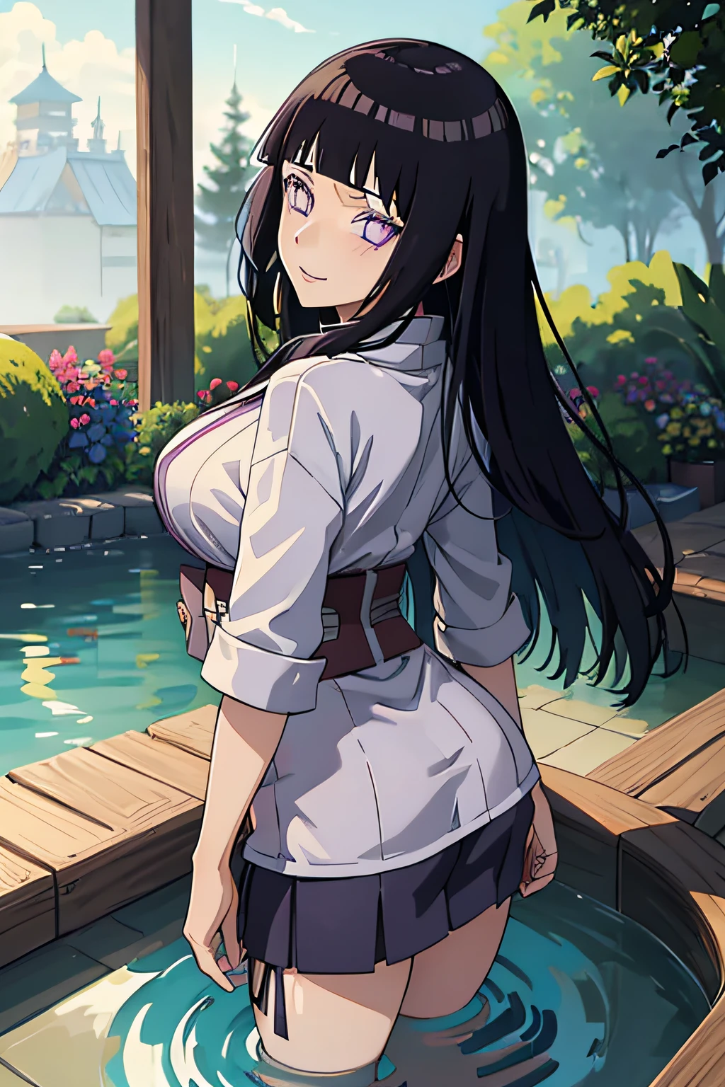 (((masutepiece))), hyuga hyuga, 1girl in, Solo, Long hair, Looking at Viewer, Smile, Large breasts, Black hair, Purple eyes, Blunt bangs, White eyes, no pupils, 1girl in, clothes tug, skirt tug, Dress Tug, bathhouse, Partially submerged, White kimono,, masutepiece, Best Quality, Highly detailed、(a miniskirt、upturned ass、light skinned、kawaii、Embarrassing、Super beauty、Upturned、Get on all fours with your big butt sticking out towards the viewer、While staring at the viewer)