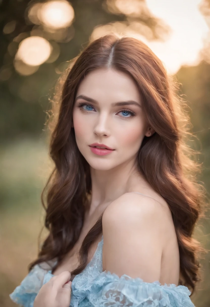 mulher em torno de 19 anos, woman with slightly pale skin, electric blue eyes, pink lips, cabelos pretos longos e levemente ondulados, cabelos pretos soltos, vestido com um decote azul claro profundo com brilhos brancos, corredor de fundo de um castelo bem iluminado