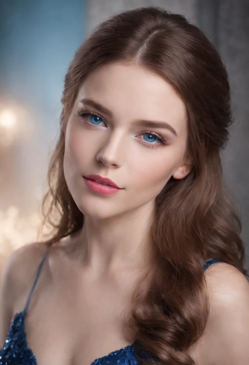 mulher em torno de 19 anos, woman with slightly pale skin, electric blue eyes, pink lips, cabelos pretos longos e levemente ondulados, cabelos pretos soltos, vestido com um decote azul claro profundo com brilhos brancos, corredor de fundo de um castelo bem iluminado