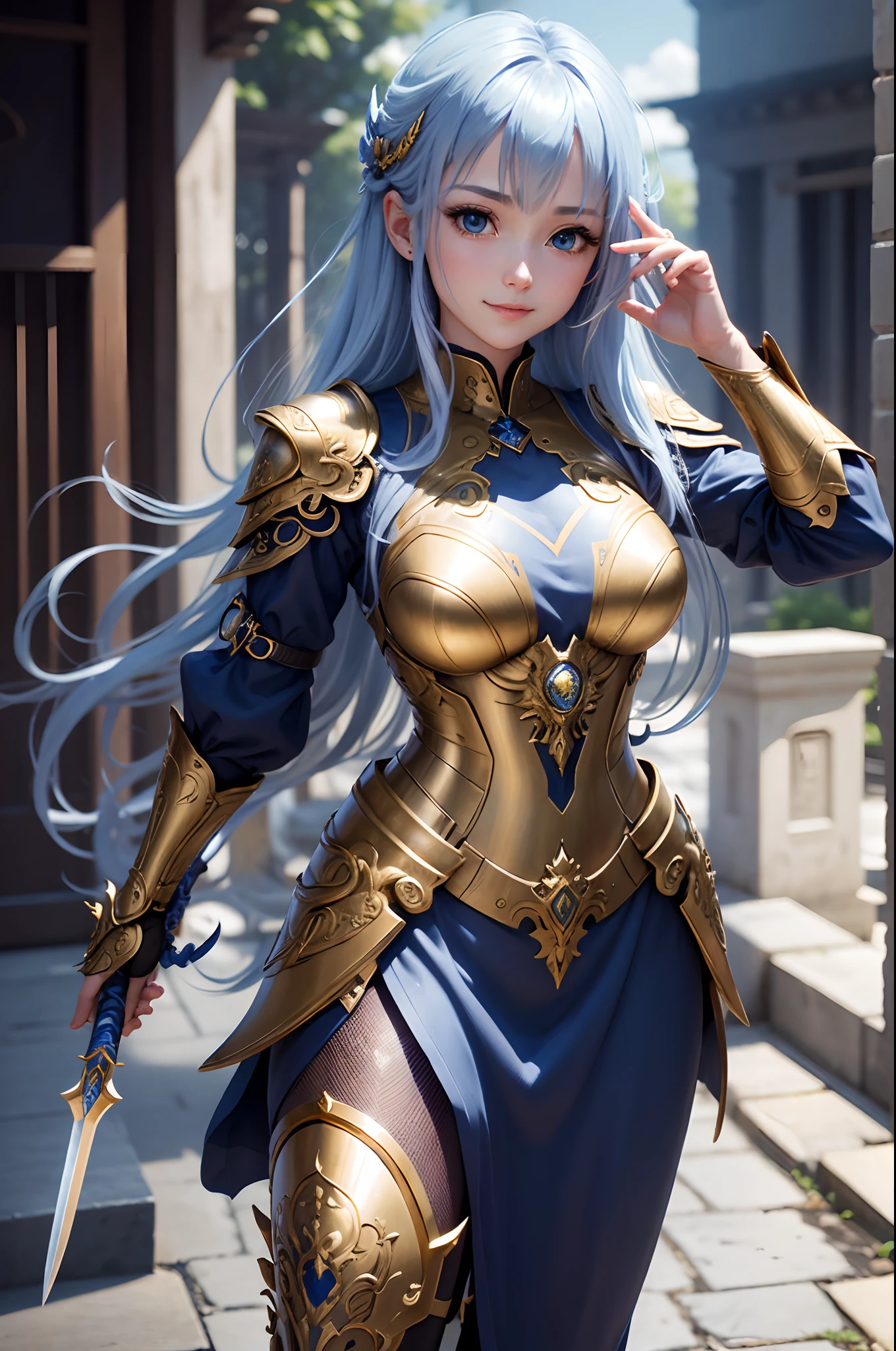 realisitic、４K、８K,　Photo Quality、Flying in the sky、photogenic、cyborgs、Have a golden sword、Metal Bird、Metal Bluebird、1 p、Smiling、Looking at me kindly、(intricate-detail)、nffsw、(intricate-detail、ultra-detailliert:1.2)、Cinematic shots、full body Esbian、Hair is pale light blue、Holding the golden sword