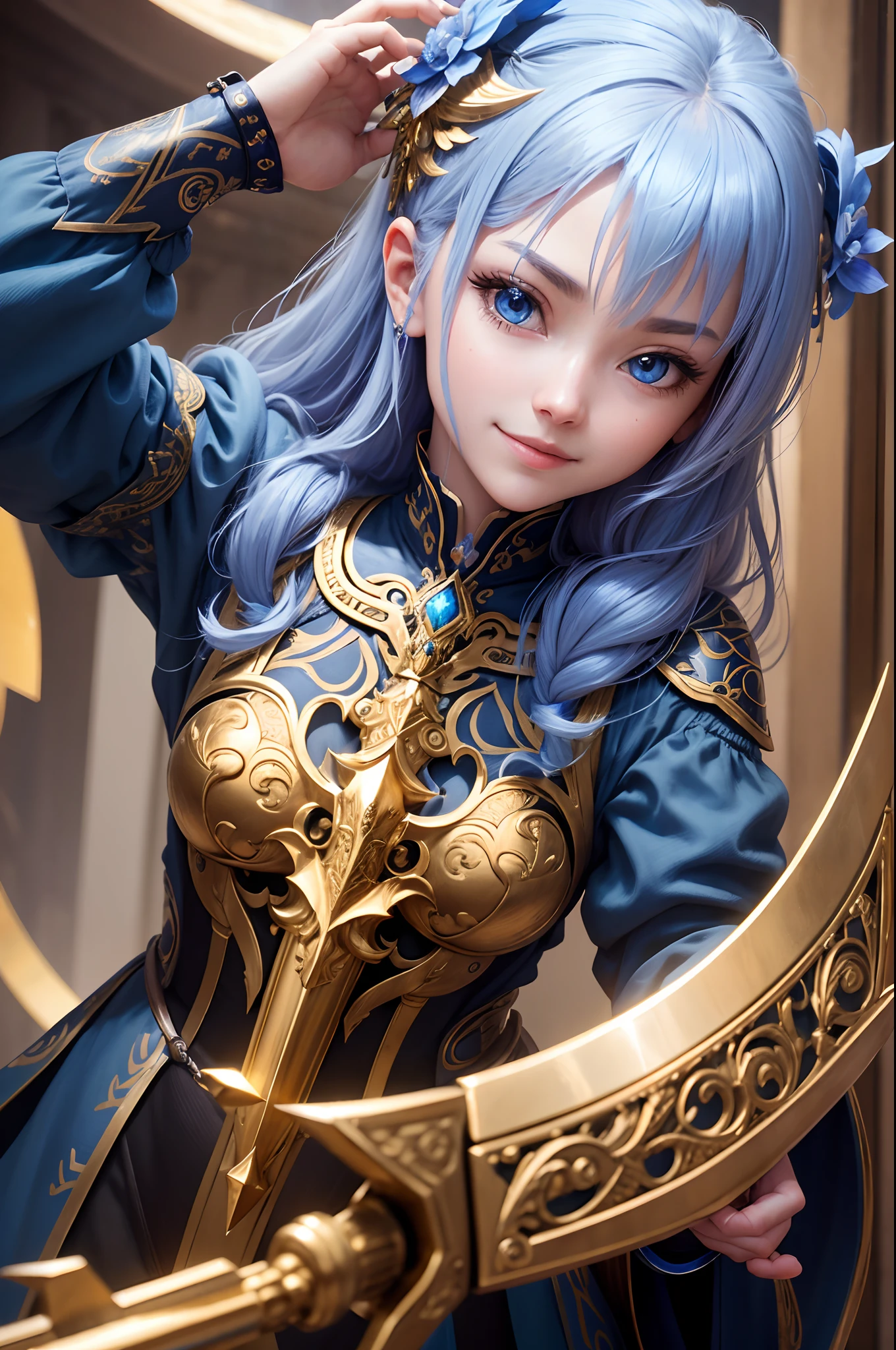 realisitic、4K、8K, Photo Quality、Flying in the sky、photogenic、cyborgs、Have a golden sword、Metal Bird、Metal Bluebird、1 p、Smiling、Looking at me kindly、(intricate-detail)、nffsw、(intricate-detail、ultra-detailliert:1.2)、Cinematic shots、full body Esbian、Hair is pale light blue、Holding the golden sword