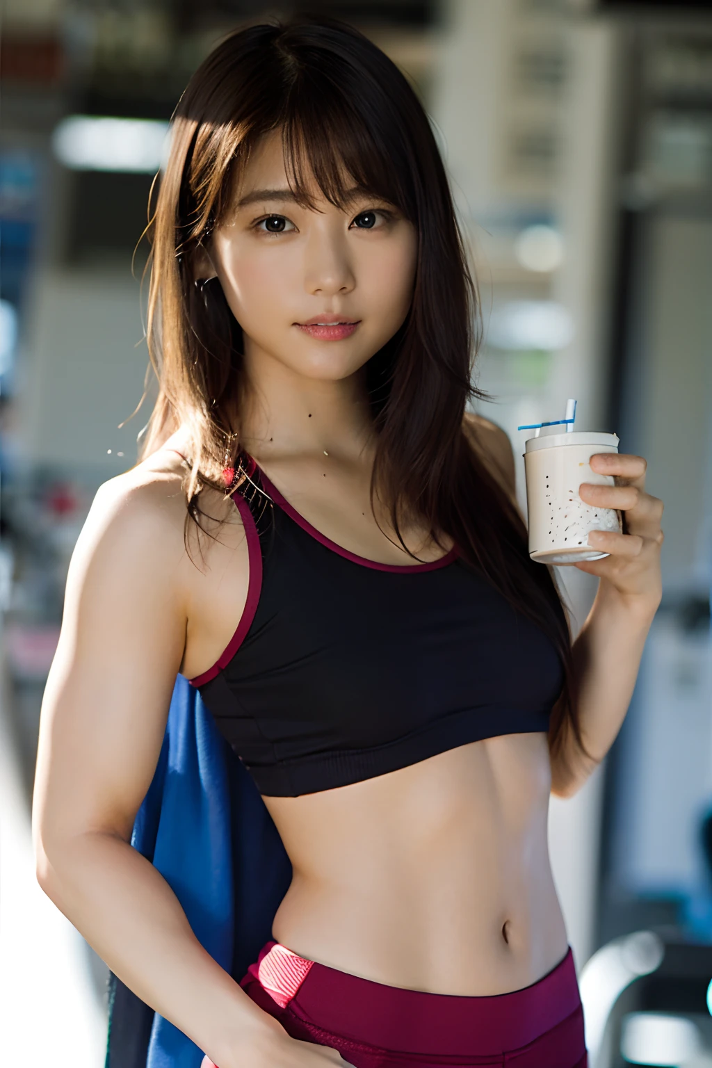 (8K、Raw photography、top-quality、masterpiece:1.2)、(realisitic、Photorealsitic:1.37)、ultra-detailliert、超A high resolution、1人、There is a village frame pure、Kasumi Arimura、see the beholder、beautifull detailed face、Smile、Constriction、(Muscular style) :1.3)、Gym Wear、Beautiful detailed skin、Skin Texture、profetional lighting、full body Esbian、I'm doing muscle training.............、(muscular body)、Have protein、Drink protein