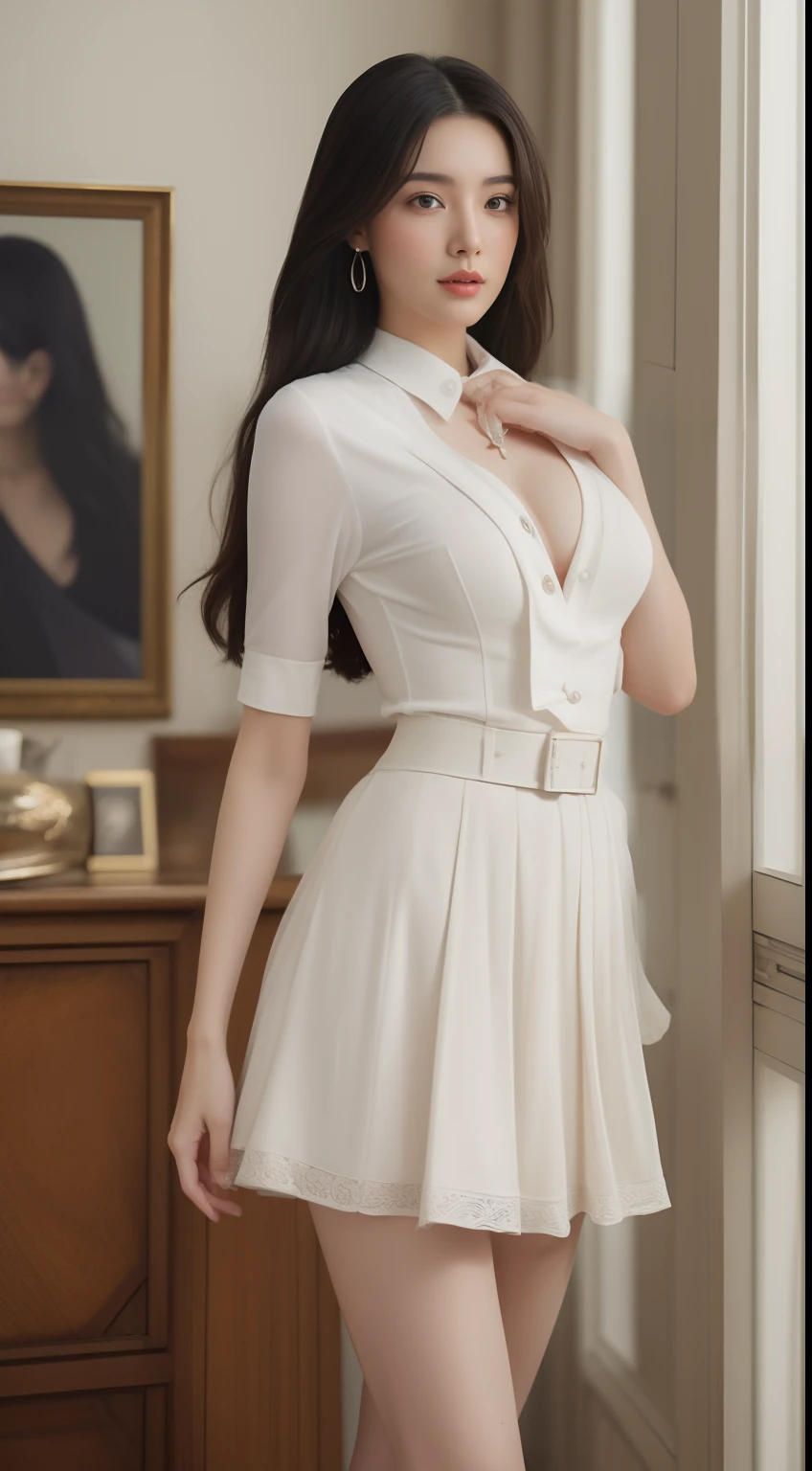 k hd, Detailed and realistic pictures,23 years old Korean girl,(Mature sexy woman:5)(JK Campus Uniform:2),A tie is worn around his neck,(Ruffle skirt:1.2),ogle,(Exquisite makeup:5),(Beautiful face:2),(Beautiful face:2),(Beautiful face:2),(Beautiful human face:2),Female character with beautiful face,Female character with beautiful face,Female character with beautiful face,Female character with beautiful face,(Female character with beautiful face:1.8),Charming expressions,Clear details,(perfect bodies:1.3),(Stand upright,A person stands alone indoors:1.2),French living room,(A full-body photo:1.2),(Optimal proportions of four fingers and one thumb:1.2),(Show off beautiful slender legs:1.1),Super white skin,(Keep one's mouth shut:2),Sexy lips,ssmile,huge tit,Breasts and breasts together,Style your hair however you want,The color of the clothes is arbitrary,Stiletto heels,The style color is arbitrary,(8K、top-quality、tmasterpiece:1.2),(intricately details:1.4)、(Photorealsitic:1.4)、octane renderings、Complex 3D Rendering Ultra Detail