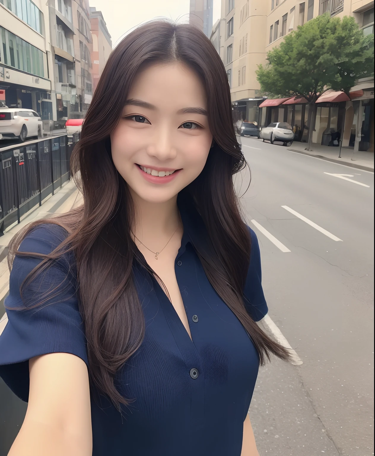 ((top-quality、in 8K、​masterpiece:1.3))、1girl in、Beautiful woman with plump abs emphasized:1.3、(The long-haired、Colossal tits:1.2)、In the city、Super delicate face、wholesome、二重まぶた、A smile that showed teeth、Wearing a collared shirt、Looking at the camera、Big smile、Look here、Look at me with your eyes wide open、Cozy feeling、Take a walk around the city、