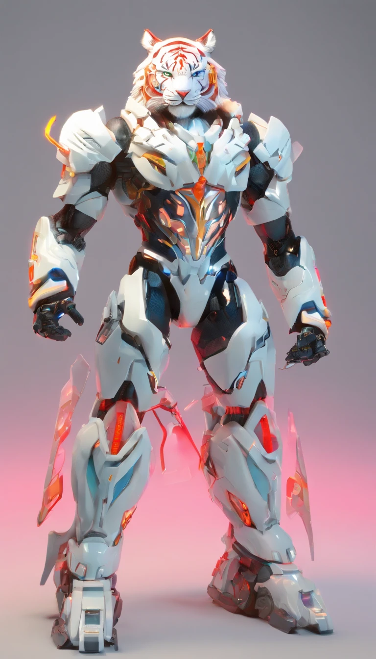 Chinese White Tiger, (blind box toy style:1.2), (Full body shot) , Behind him is a crystal Chinese tiger, Transparent Mecha, Exquisite helmet:1.2, Luminescent goggles:1.2, Cyberpunk, Dreamy glow, bright neon lights, clean, White background, ( Global Illumination, Ray traching, nffsw, Unreal Render,Reasonable design, high detal, masutepiece, Best Quality, hyper HD, Cinematic lighting)