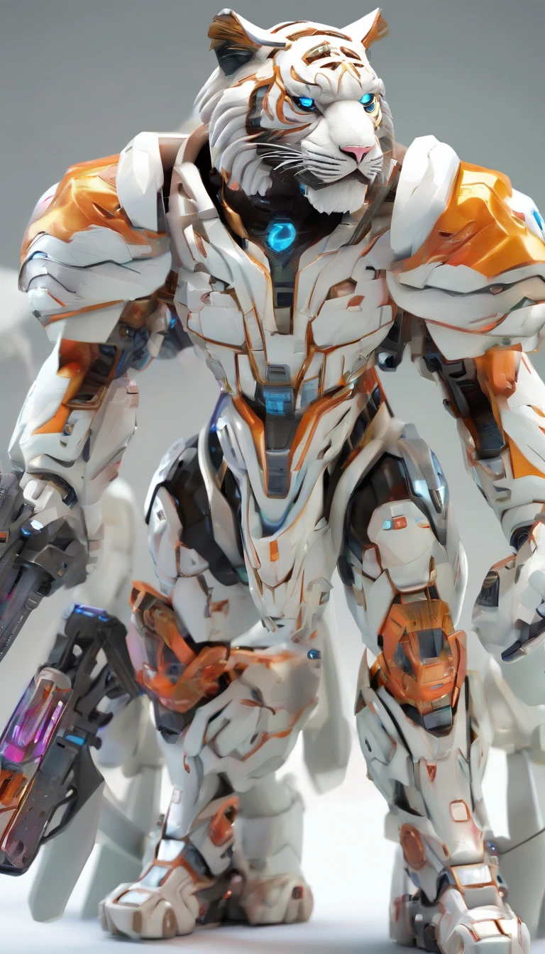 Chinese White Tiger, (blind box toy style:1.2), (Full body shot) , Behind him is a crystal Chinese tiger, Transparent Mecha, Exquisite helmet:1.2, Luminescent goggles:1.2, Cyberpunk, Dreamy glow, bright neon lights, clean, White background, ( Global Illumination, Ray traching, nffsw, Unreal Render,Reasonable design, high detal, masutepiece, Best Quality, hyper HD, Cinematic lighting)