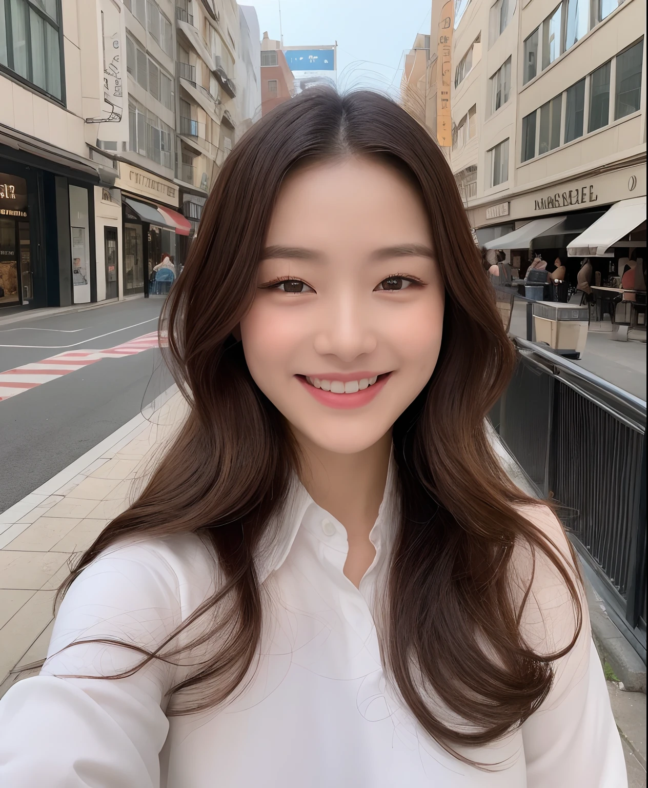 ((top-quality、in 8K、masterpiece:1.3))、1girl in、Beautiful woman with plump abs emphasized:1.3、(The long-haired、Colossal tits:1.2)、In the city、Super delicate face、wholesome、二重まぶた、A smile that showed teeth、Wearing a collared shirt、Looking at the camera、Big smile、Look here、Look at me with your eyes wide open、Cozy feeling、Take a walk around the city、