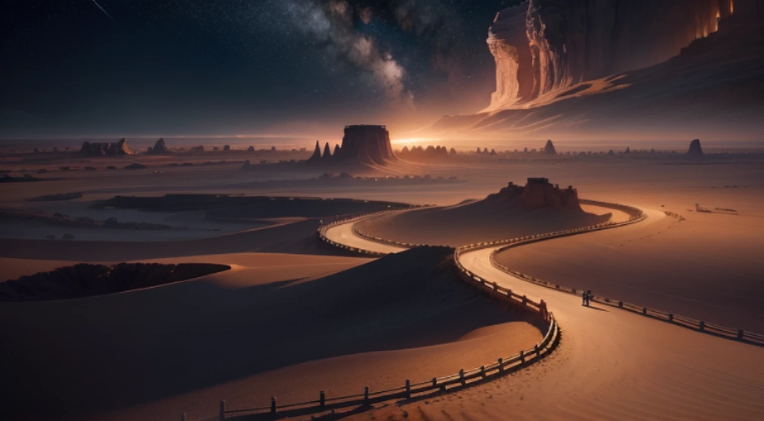 "A true photographic landscape painting with unparalleled reality, deserto, Sinister Sky, lotuses, Noite estrelada, Harry Potter, Volumetric lighting, clareira, Realistic, Tiago Gurney, art-station".