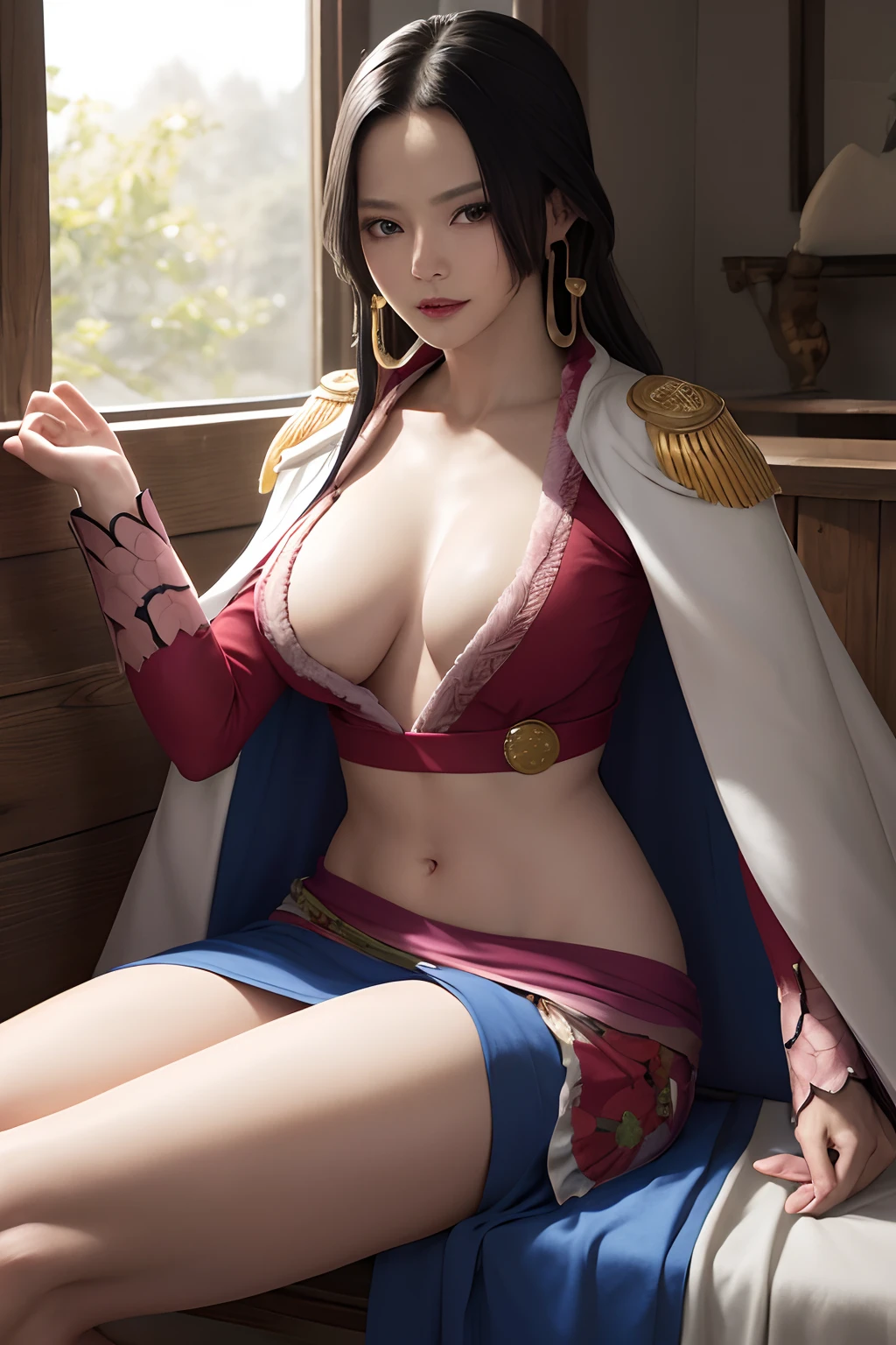 masterpiece, best quality, highres, hancock1, boa hancock, large breasts, epaulettes, cape, crop top, side slit, cowboy shot, sitting,