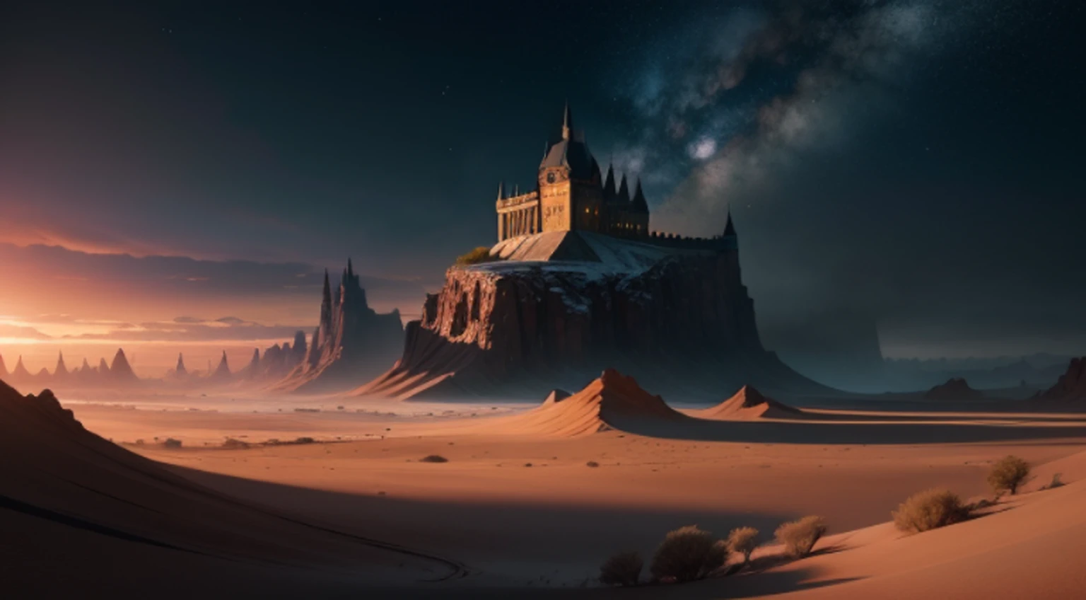 "A true photographic landscape painting with unparalleled reality, deserto, Sinister Sky, lotuses, Noite estrelada, Harry Potter, Volumetric lighting, clareira, Realistic, Tiago Gurney, art-station".
