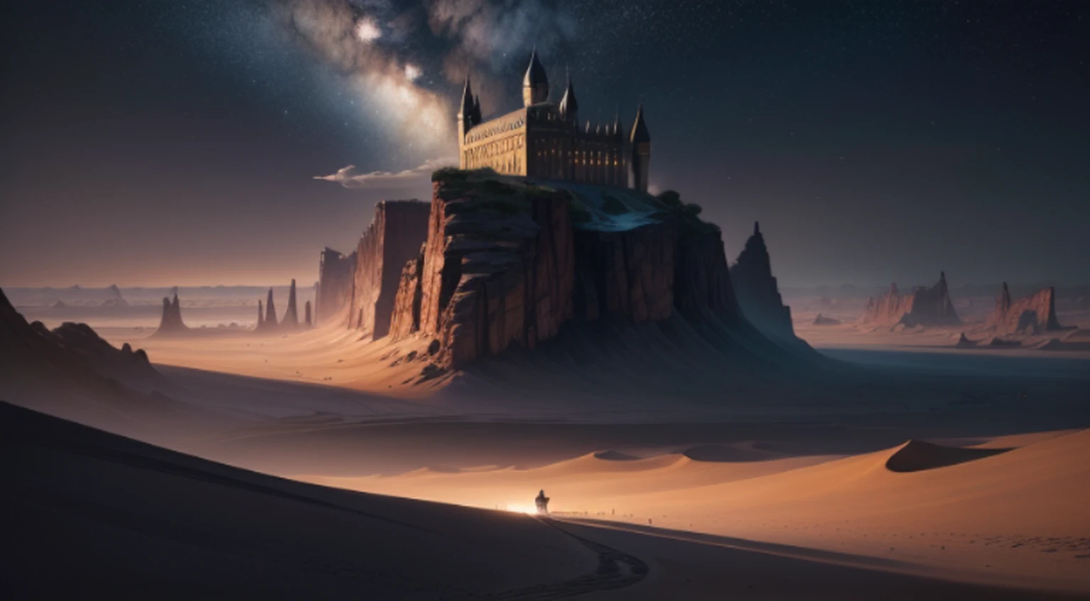 "A true photographic landscape painting with unparalleled reality, deserto, Sinister Sky, lotuses, Noite estrelada, Harry Potter, Volumetric lighting, clareira, Realistic, Tiago Gurney, art-station".
