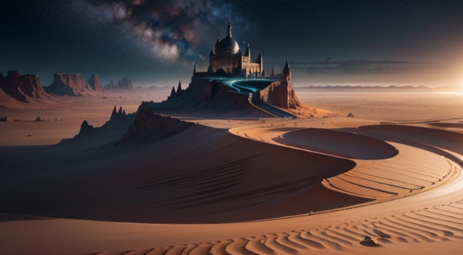 "A true photographic landscape painting with unparalleled reality, deserto, Sinister Sky, lotuses, Noite estrelada, Harry Potter, Volumetric lighting, clareira, Realistic, Tiago Gurney, art-station".