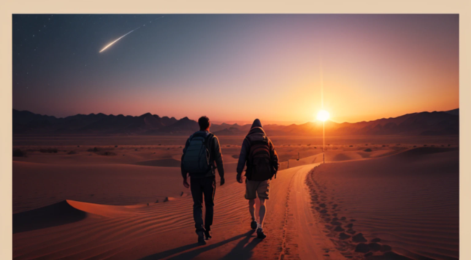 crie uma imagem de um homem, Walking towards the horizon, em um caminho no deserto, Towards twilight. The sun is setting, and there are no clouds in the sky, apenas algumas estrelas nascendo