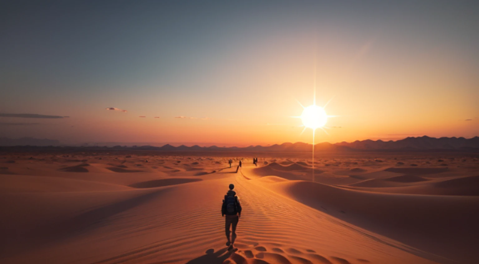 crie uma imagem de um homem, Walking towards the horizon, em um caminho no deserto, Towards twilight. The sun is setting, and there are no clouds in the sky, apenas algumas estrelas nascendo